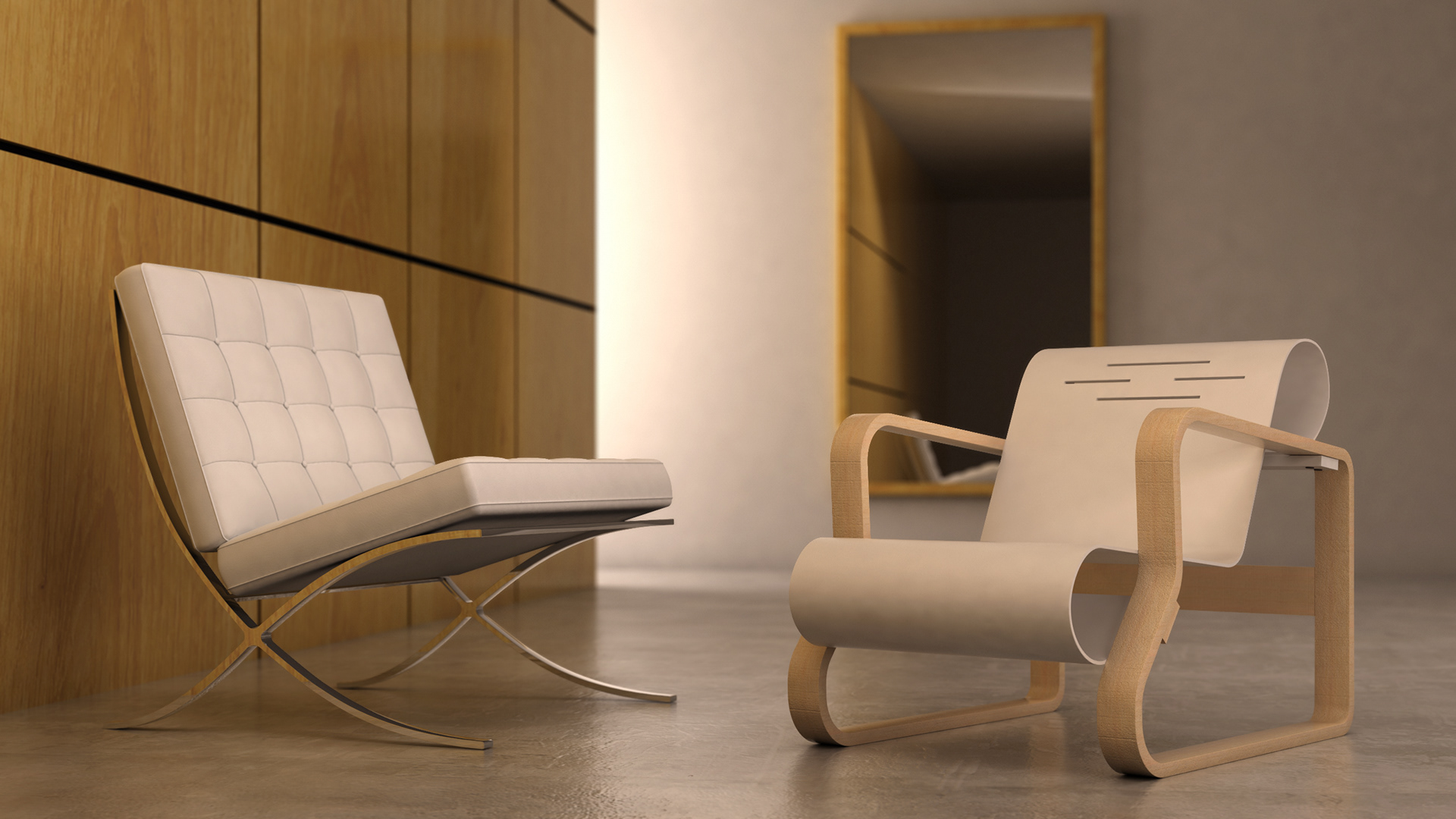 Mise en scène des fauteuils "Barcelona" et "Alvar Alto"