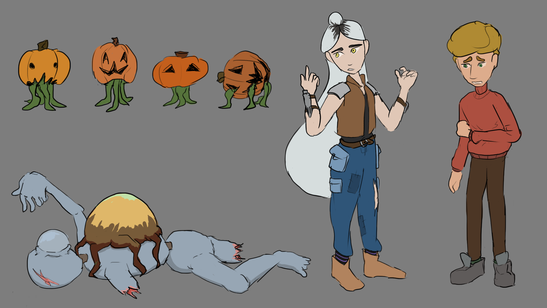 Initial character designs for pumpkins, ghost, ghost hunter (Aspen), and client (Alder)