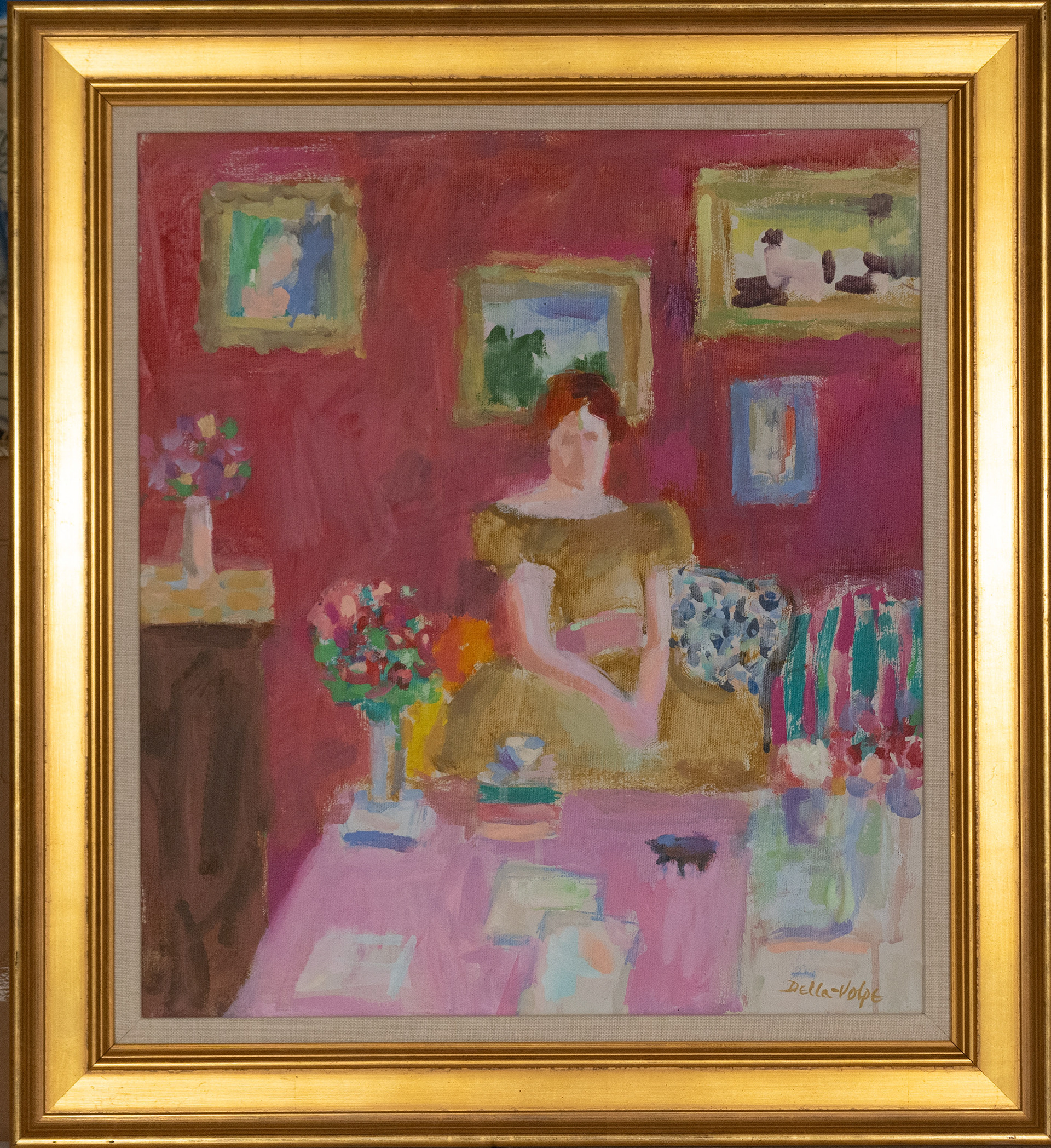 "Woman in Red Room" 16x16 oil/c, slr,l 