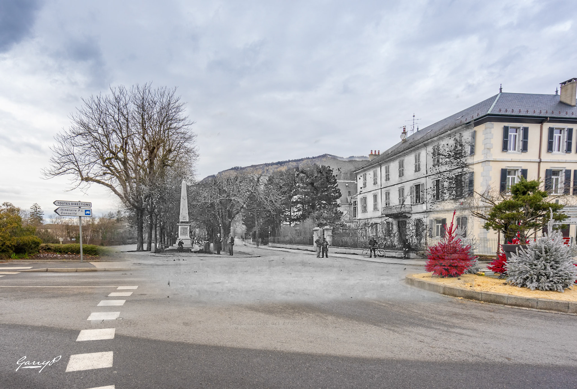 Une image composite composée d'une image du 19ème siècle et une des 12 derniers mois montrant la sous prefecture de Bonneville. A composite image consisting of an image from the 19th century and one from the past 12 months
