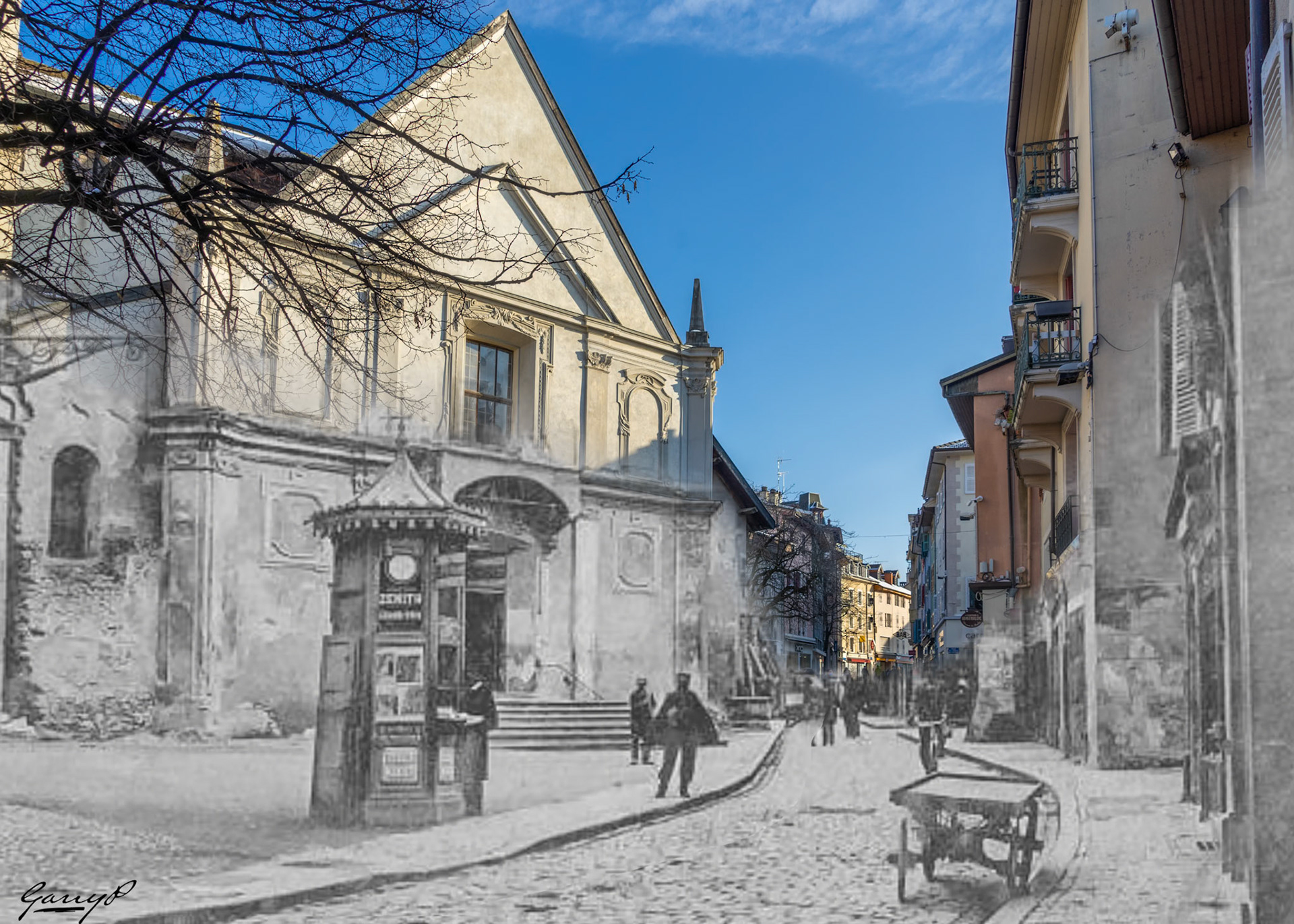 Un autre exemple d'images à exposition hyperlongue où une image composite combinant une carte postale de la fin du 19e siècle est fusionnée avec la façon dont le lieu apparaît aujourd'hui. Ici, nous voyons l'eglise aves des gens et une charetteAnother example of Hyperlongexposure images where a composite image combining a postcard from the late 19th century is merged with how the location appears today. Here we see the church with people in the street and a cart