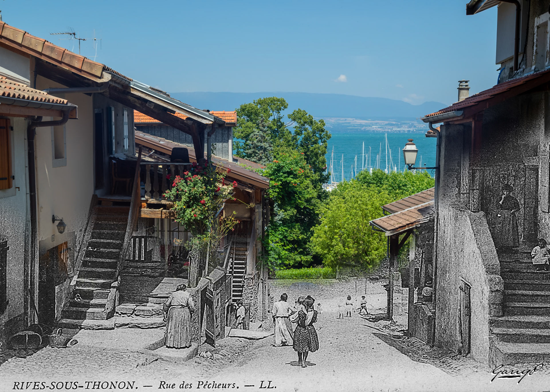 Un autre exemple d'images à exposition hyperlongue où une image composite combinant une carte postale de la fin du 19e siècle est fusionnée avec la façon dont le lieu apparaît aujourd'hui. Ici, nous voyons des gens qui marchent dans la rue avec lac leman derriereAnother example of Hyperlongexposure images where a composite image combining a postcard from the late 19th century is merged with how the location appears today. Here we see people walking towards Lac Leman