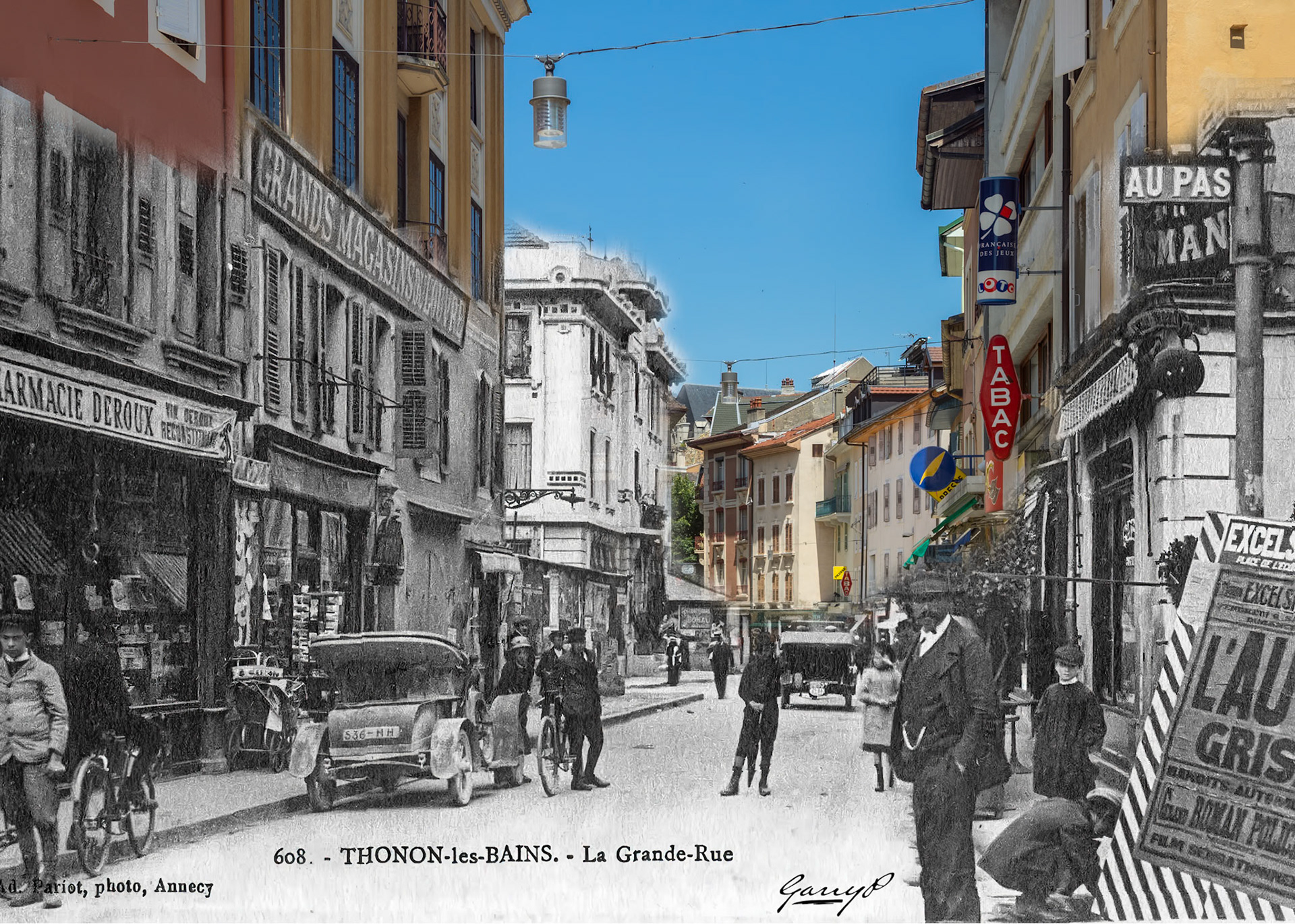 Un autre exemple d'images à exposition hyperlongue où une image composite combinant une carte postale de la fin du 19e siècle est fusionnée avec la façon dont le lieu apparaît aujourd'hui. Ici, nous voyonsLa Grande Rue avec des gens qui marchent dans la rue, des vielles voituresAnother example of Hyperlongexposure images where a composite image combining a postcard from the late 19th century is merged with how the location appears today. Here we see people in the street and old cars