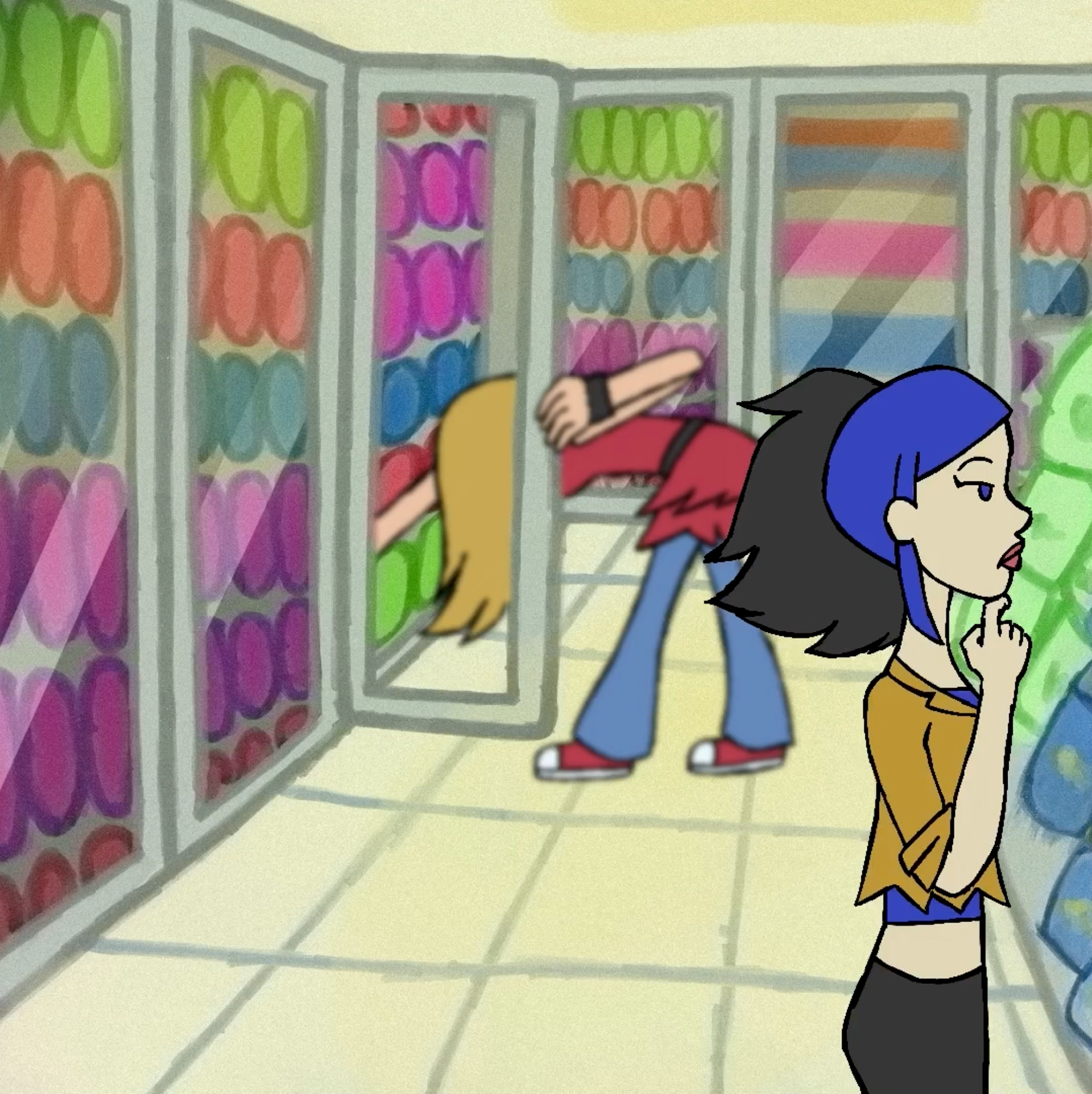 Ein Filmstill aus dem Animationsfilm "Midnight Concert". Die Zwei Protagonistinnen sind bei den Kühlregalen in einem Supermarkt und schauen ob sie etwas finden.