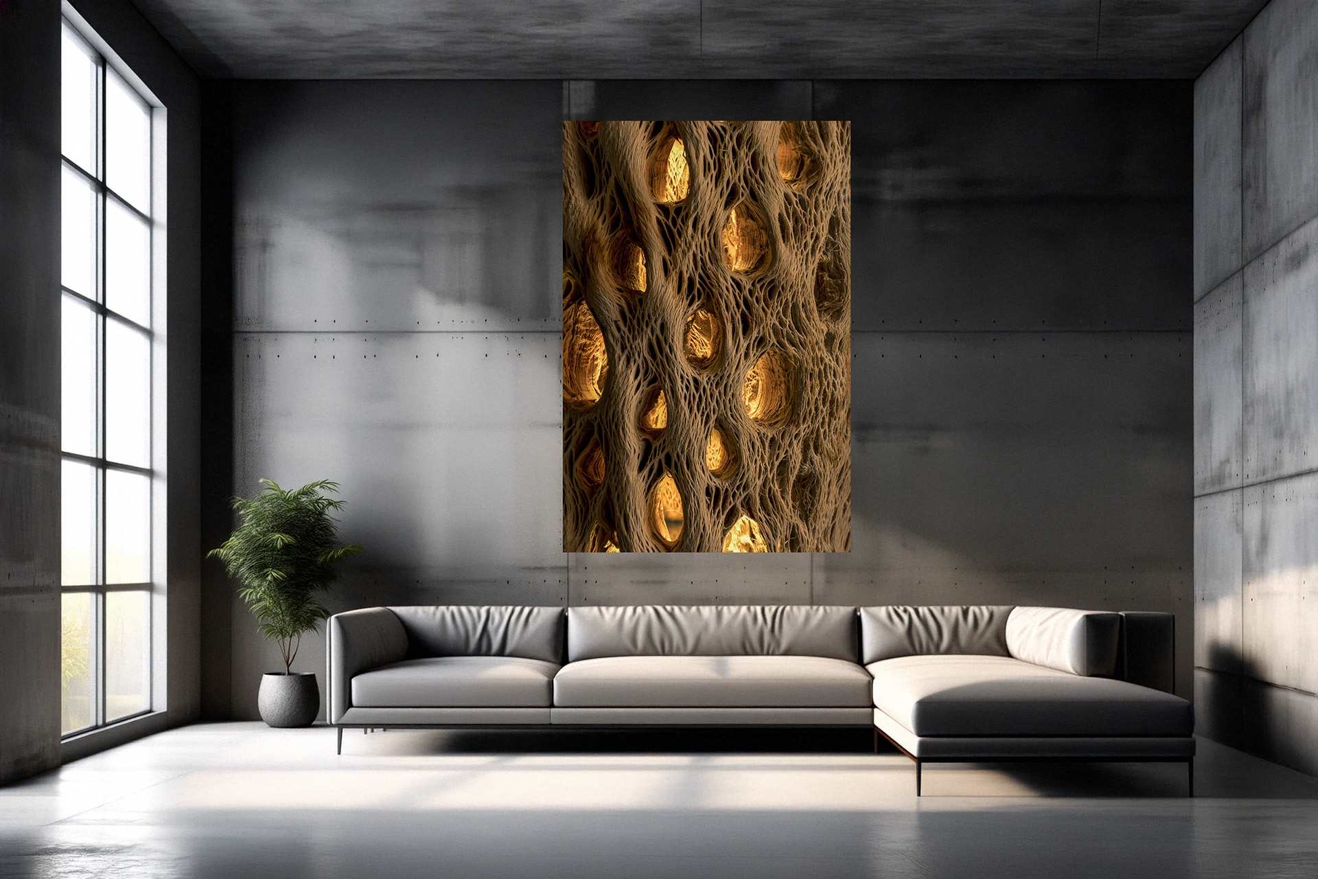 In situ installation of the 'Solar Hive' Masterwork on a textured concrete wall. The large vertical abstract art features a bone-white lattice structure with a warm golden core. The room is a modern industrial loft with a grey sectional sofa and large floor-to-ceiling window providing natural light.