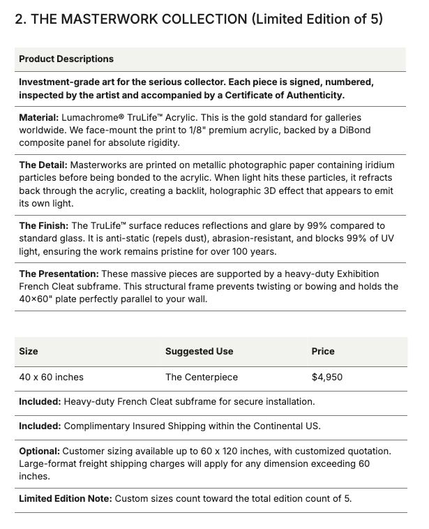 Holman Imaging Masterwork Collection Product Description and Pricing Summary