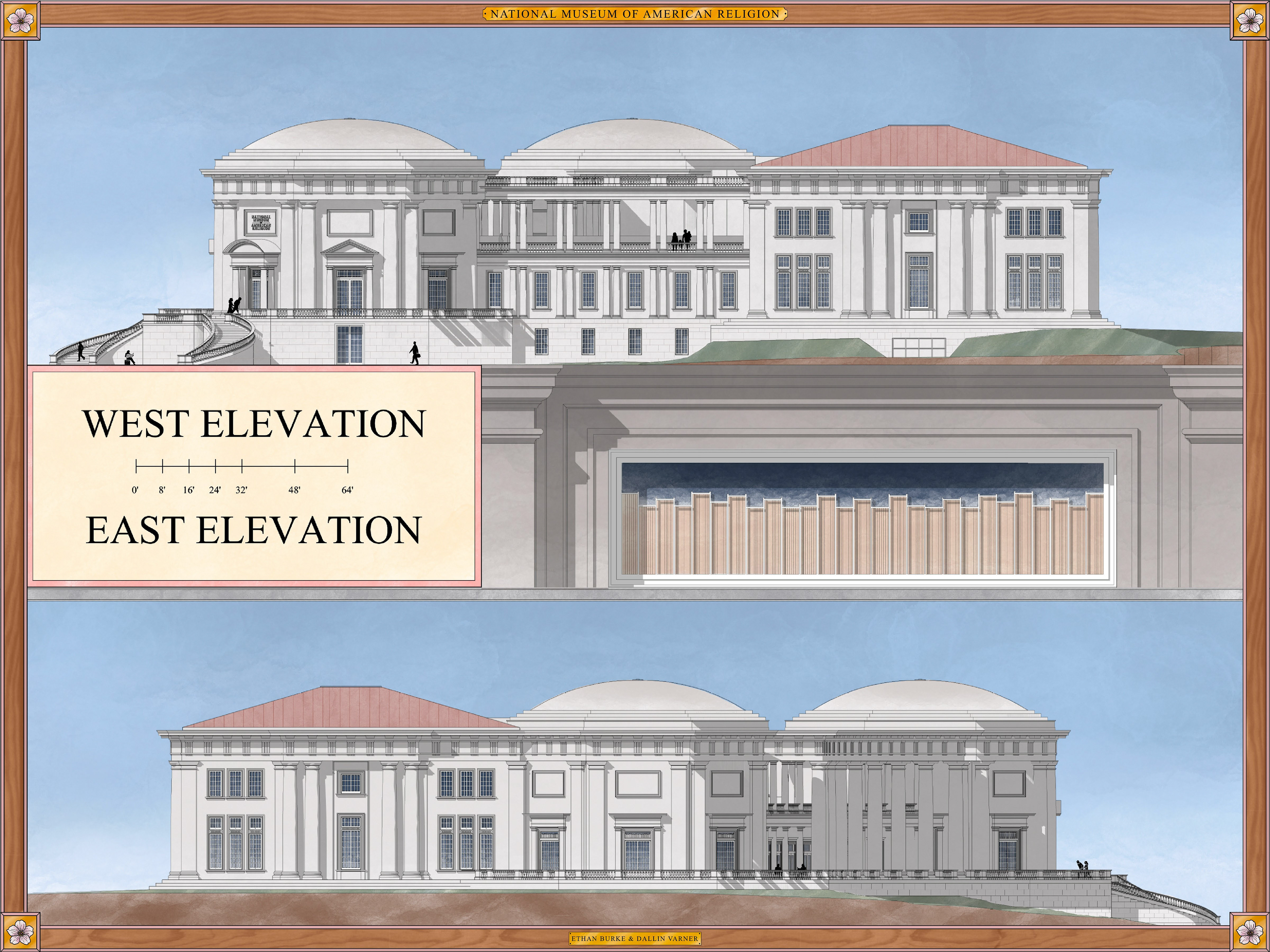 Over the windows in the research center I designed a stain glass transom to give appearance of the inside of a book shelf. Elevations rendered in Procreate based on Revit elevation views