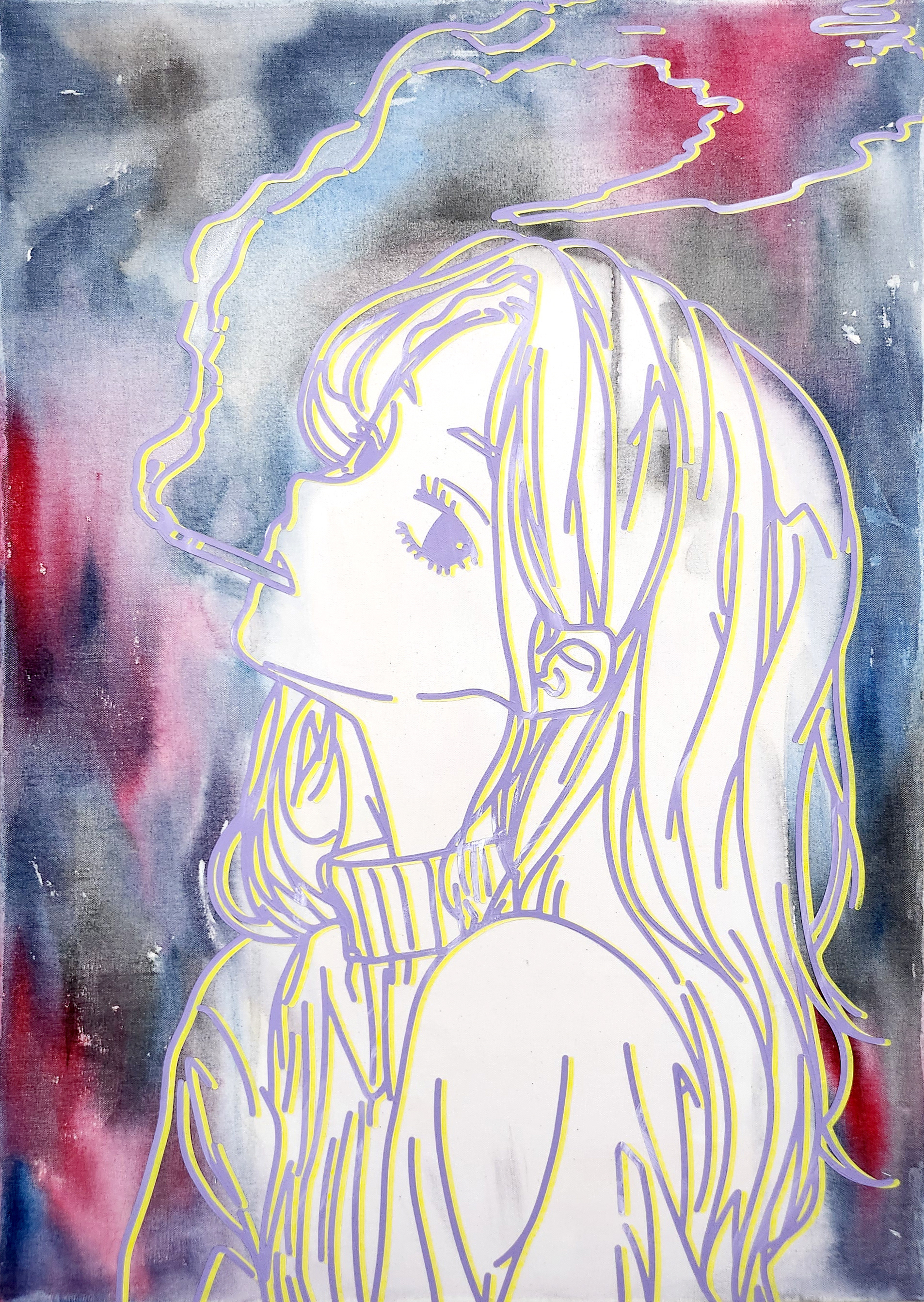 #852_A Cigarette Gi65rl, Acrylic and  oriental color on canvas, 90.9 x 65.1 cm, 2024