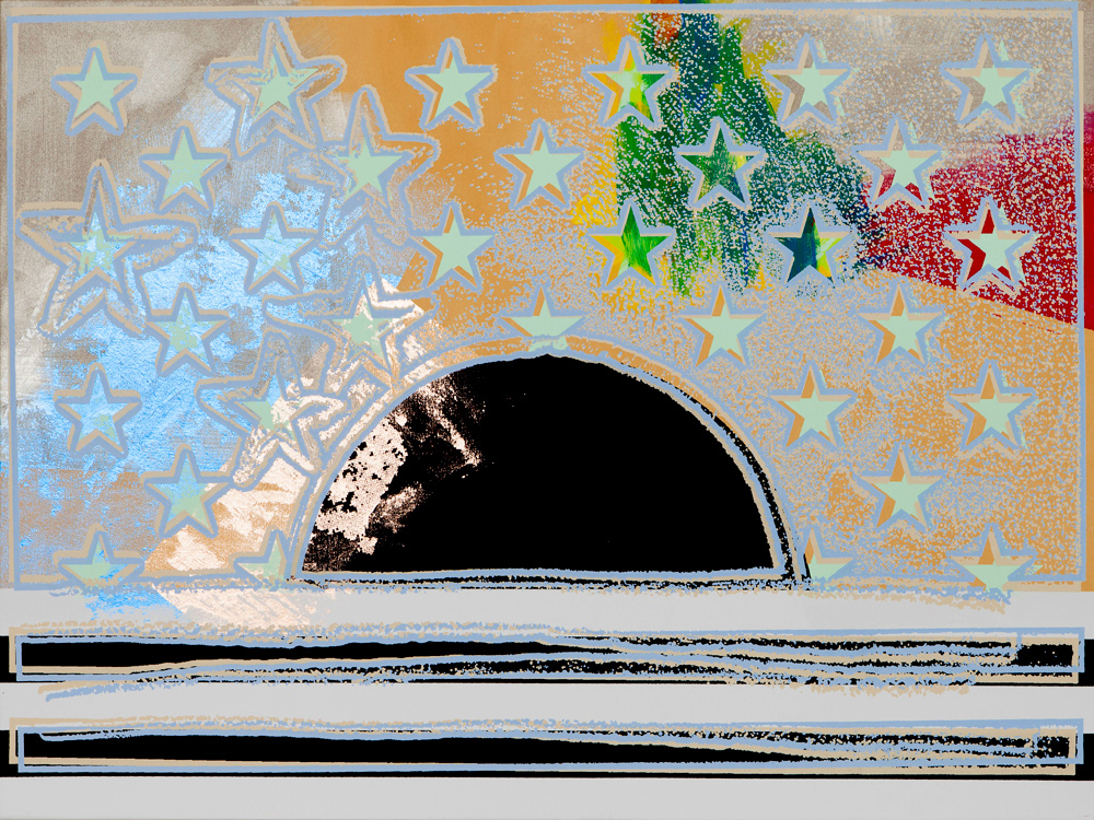 Sunset in Korea, Acrylic, foil and silkscreen ink on canvas, 76.2 x 101.2 cm, 2012