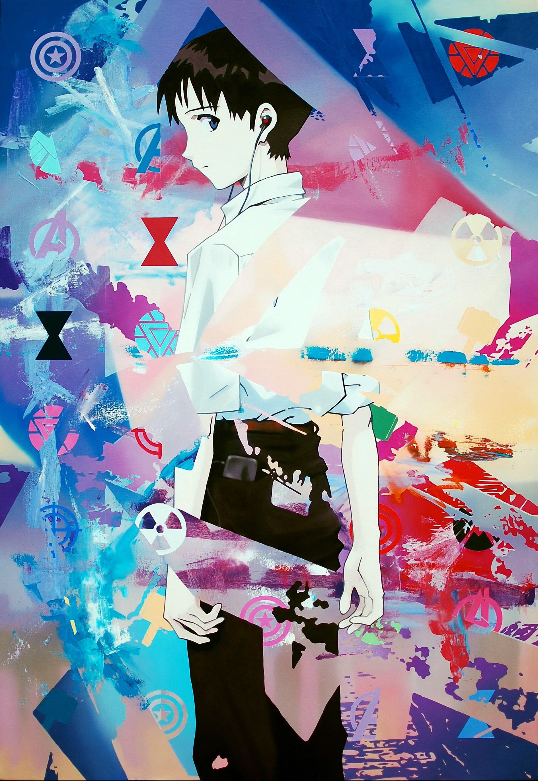 Shinji in the Great Wall with the Avengers in Beijing Stadium, Oil on canvas, 130.3 x 89.4 cm, 2015