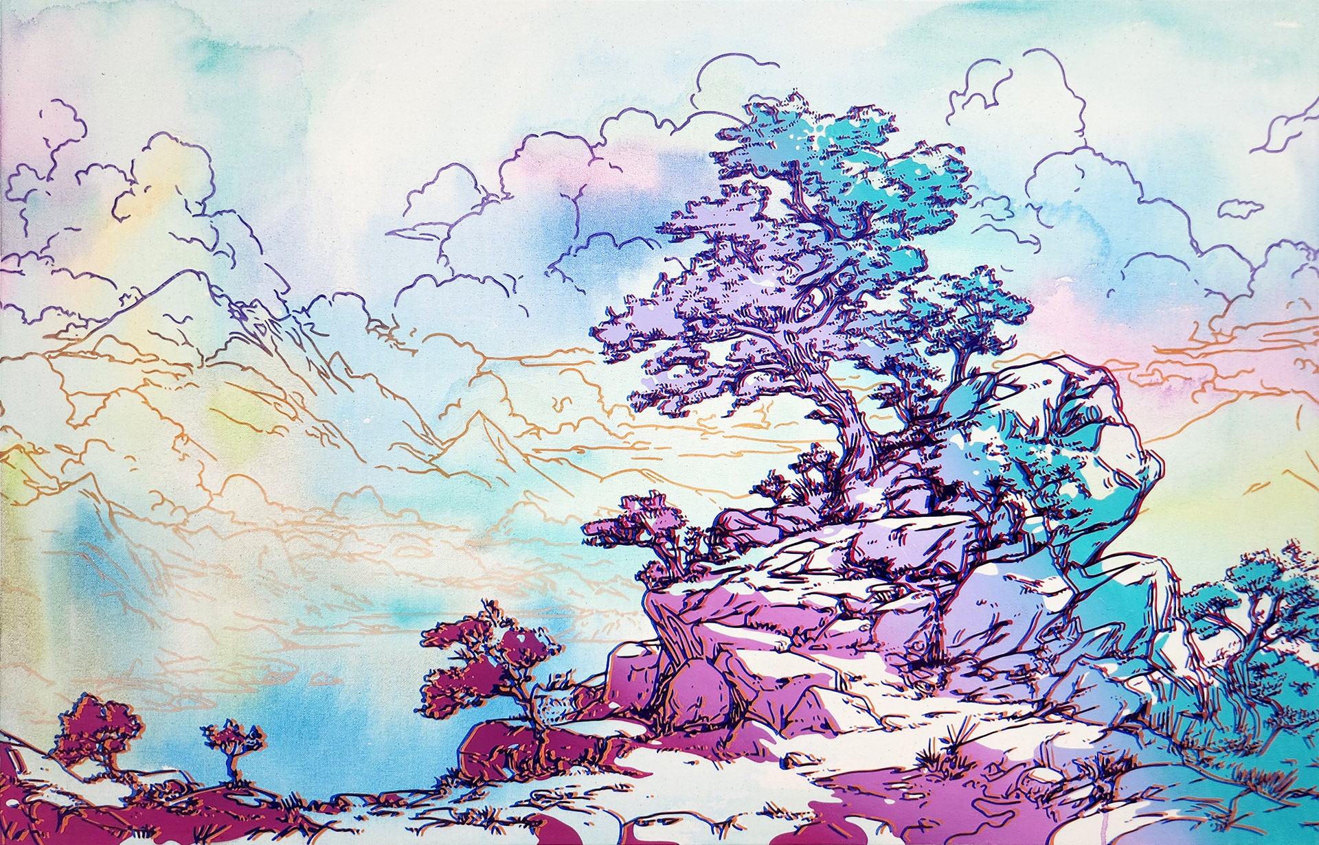 #10_Asian Old Landscape, Acrylic and  oriental color on canvas, 100 x 65.1 cm, 2024