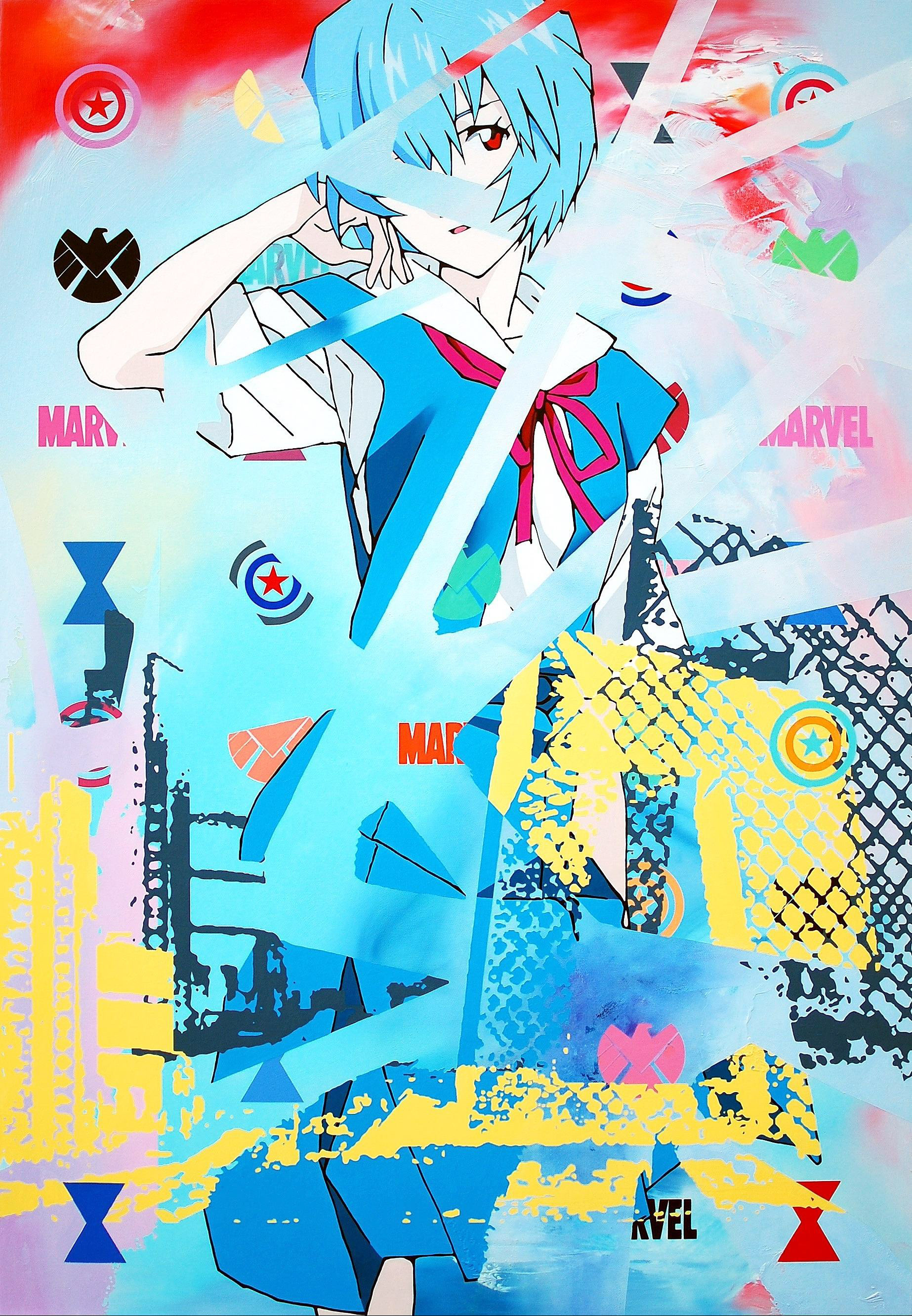 Rei in Beijing Stadium and CCTV with Captain America, The Winter Soldier, Oil on canvas, 130.3 x 89.4 cm, 2015