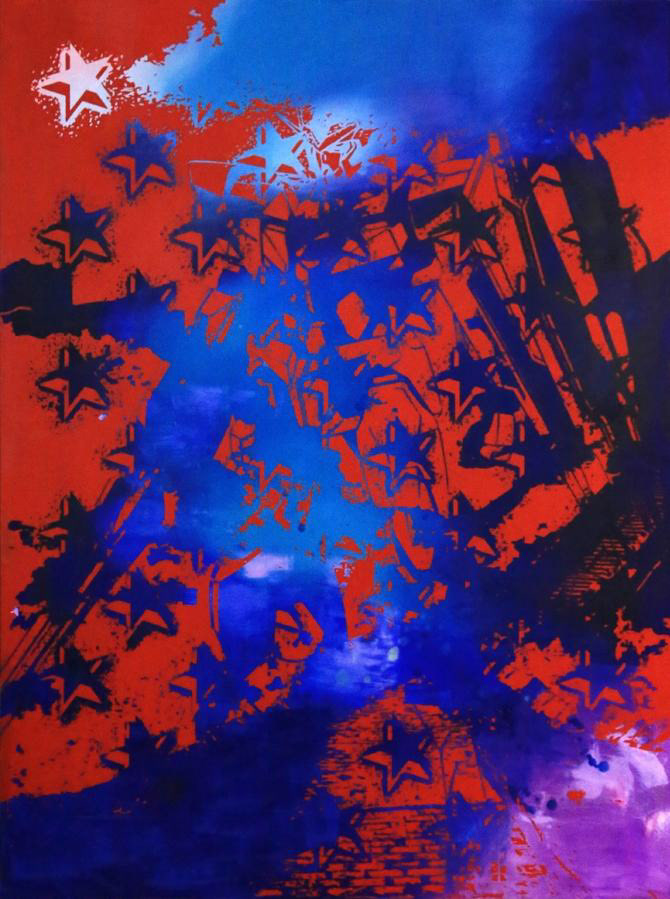 Gundam Qan[T] in the Great Wall with Fifty Stars (Red), Oil on canvas, 160 x 120 cm, 2013