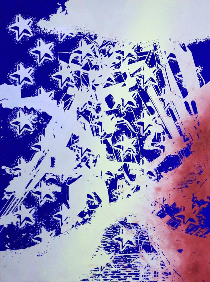 Gundam Qan[T] in the Great Wall with Fifty Stars (Blue), Oil on canvas, 160 x 120 cm, 2013