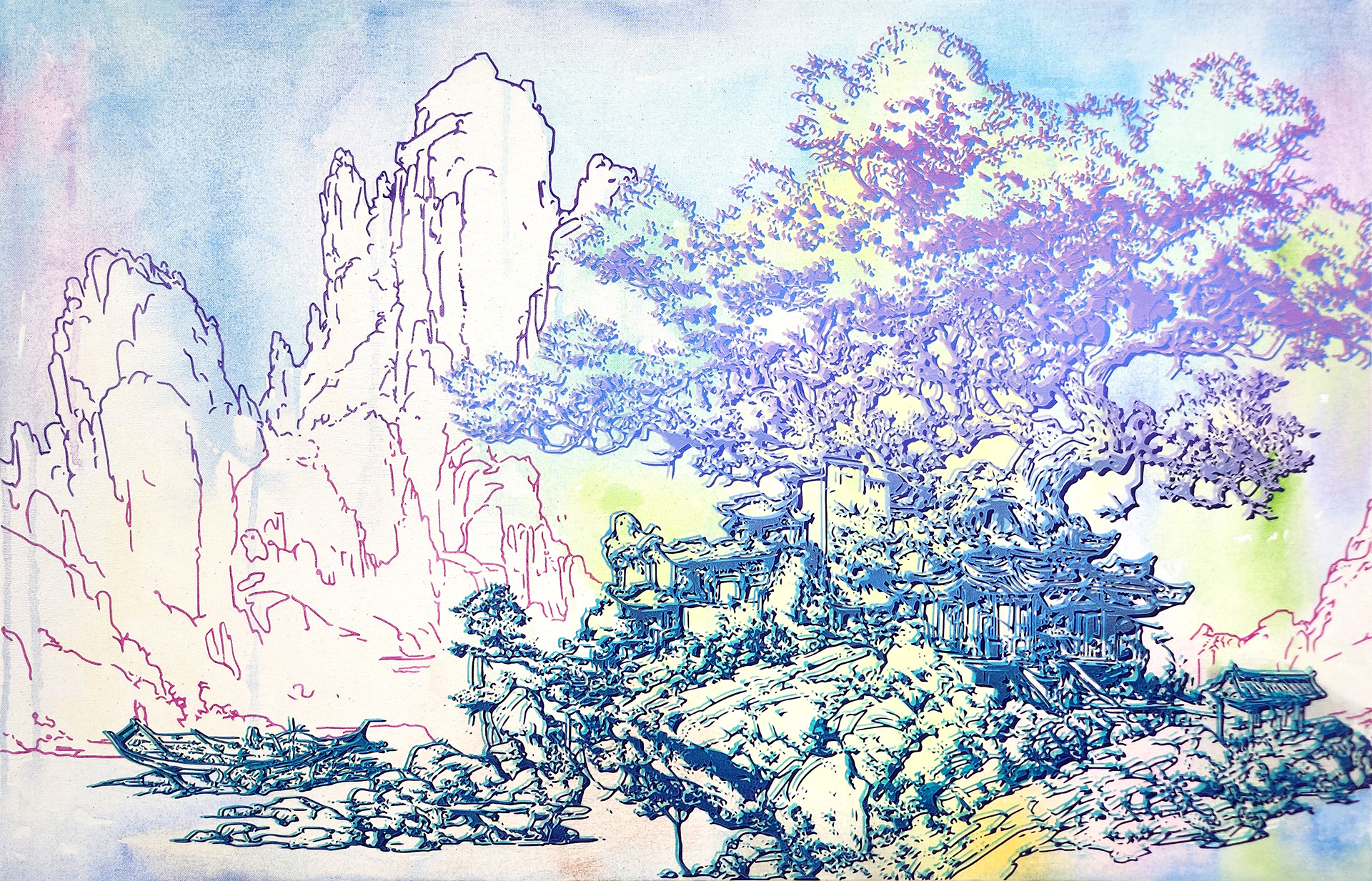 #6_Asian Old Landscape, Acrylic and  oriental color on canvas, 100 x 65.1 cm, 2024