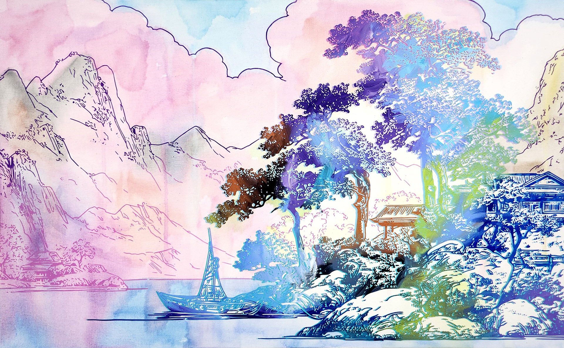 #7_Asian Old Landscape, Acrylic and  oriental color on canvas, 116.8 x 72.7 cm, 2024