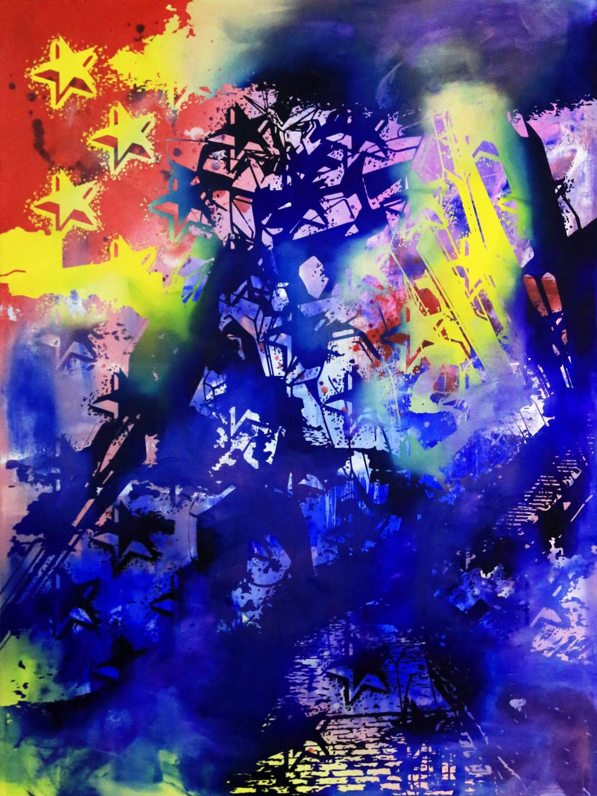 Gundam Qan[T] in the Great Wall with Fifty Stars (Abstract), Oil on canvas, 160 x 120 cm, 2013