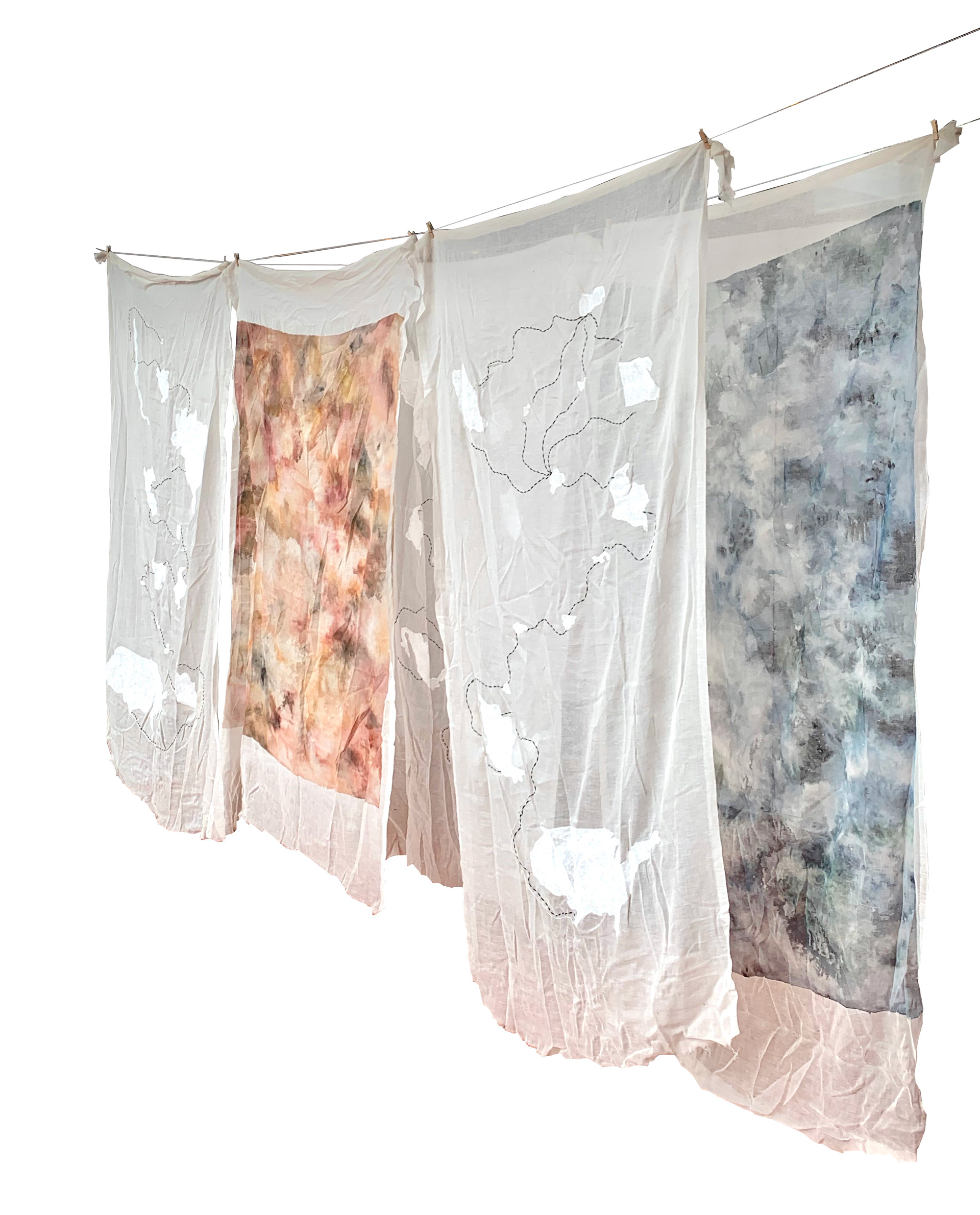 4' x 8'. cheesecloth, acrylic paint, cotton thread.