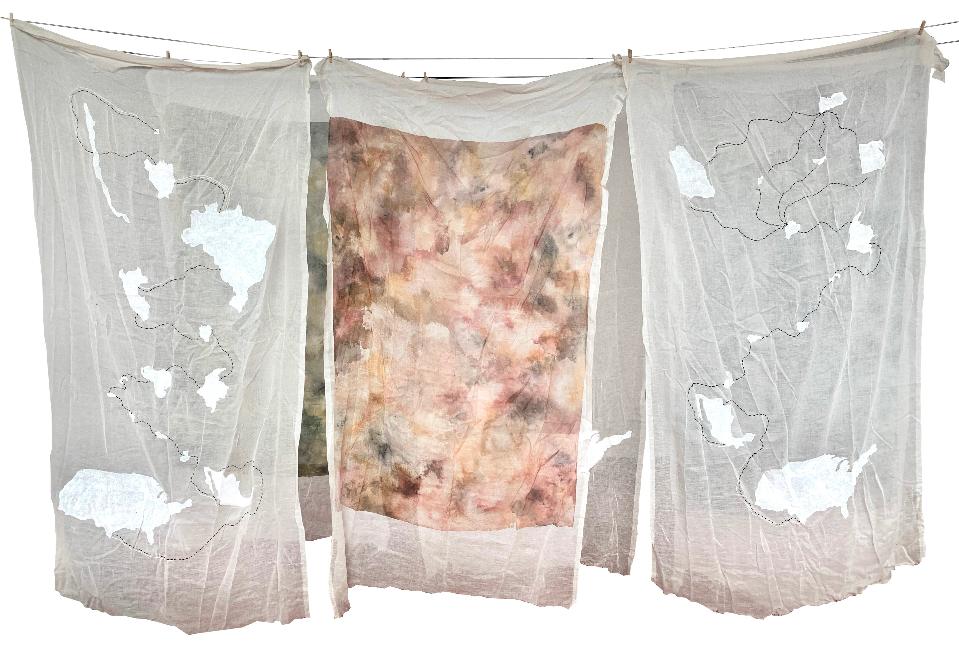 4' x 8'. cheesecloth, acrylic paint, cotton thread.