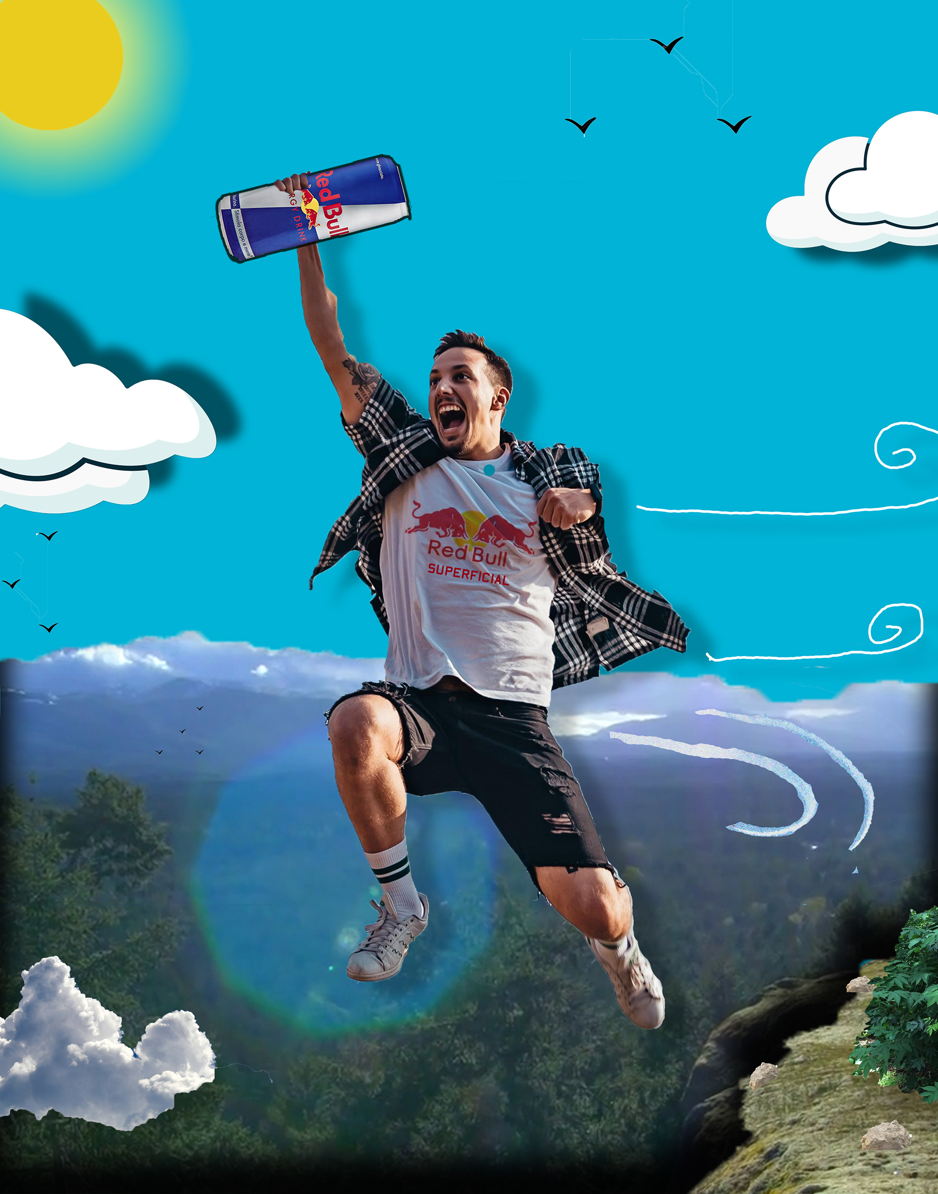 Red bull's false wings,2023,3300 x 4200 Pixels, Conceptual Art project on redbull, wanted to show what it is like to drink red bull and it's actual meaning