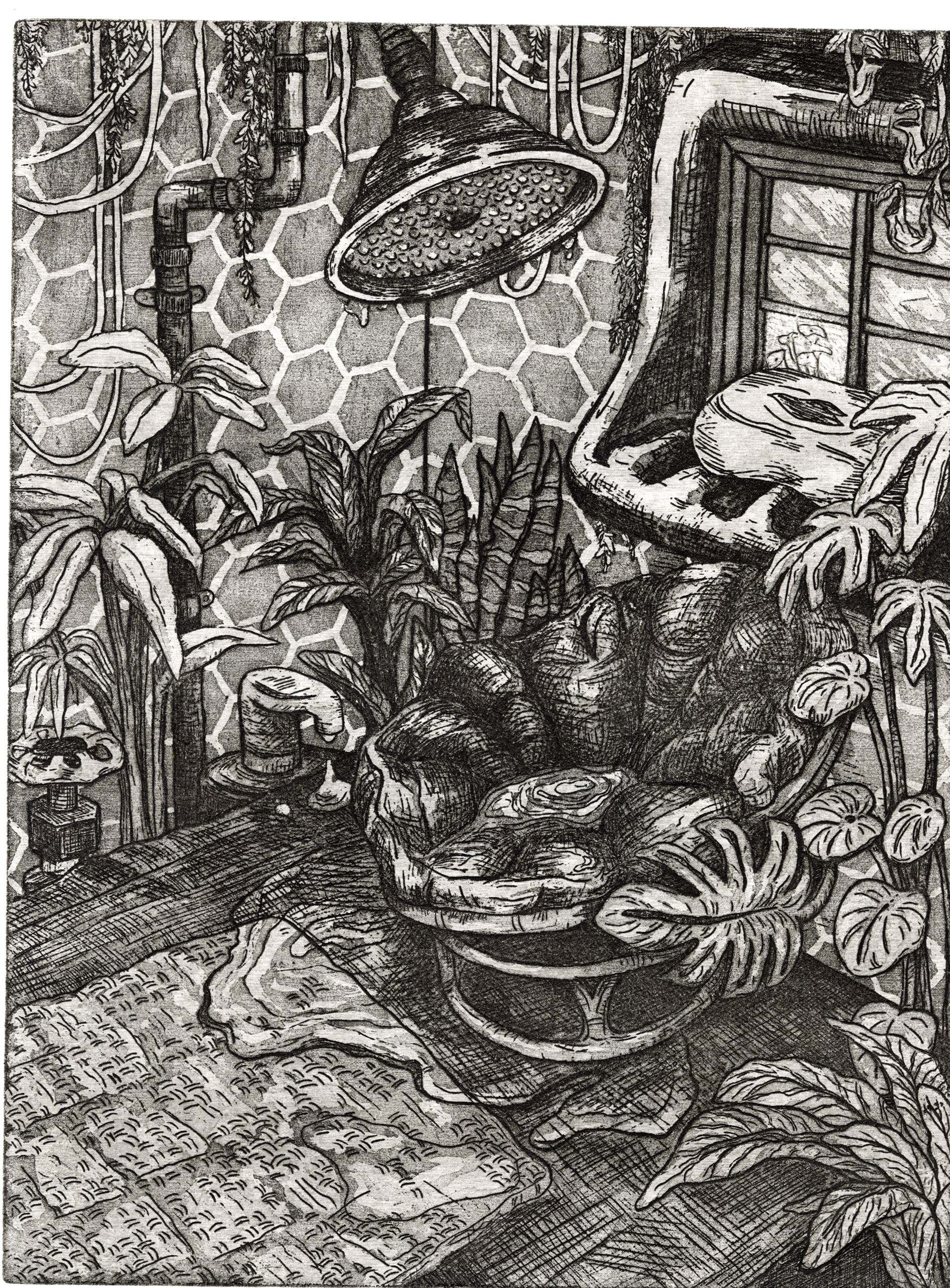 The Shower Room, Etching, 12x9, 2020