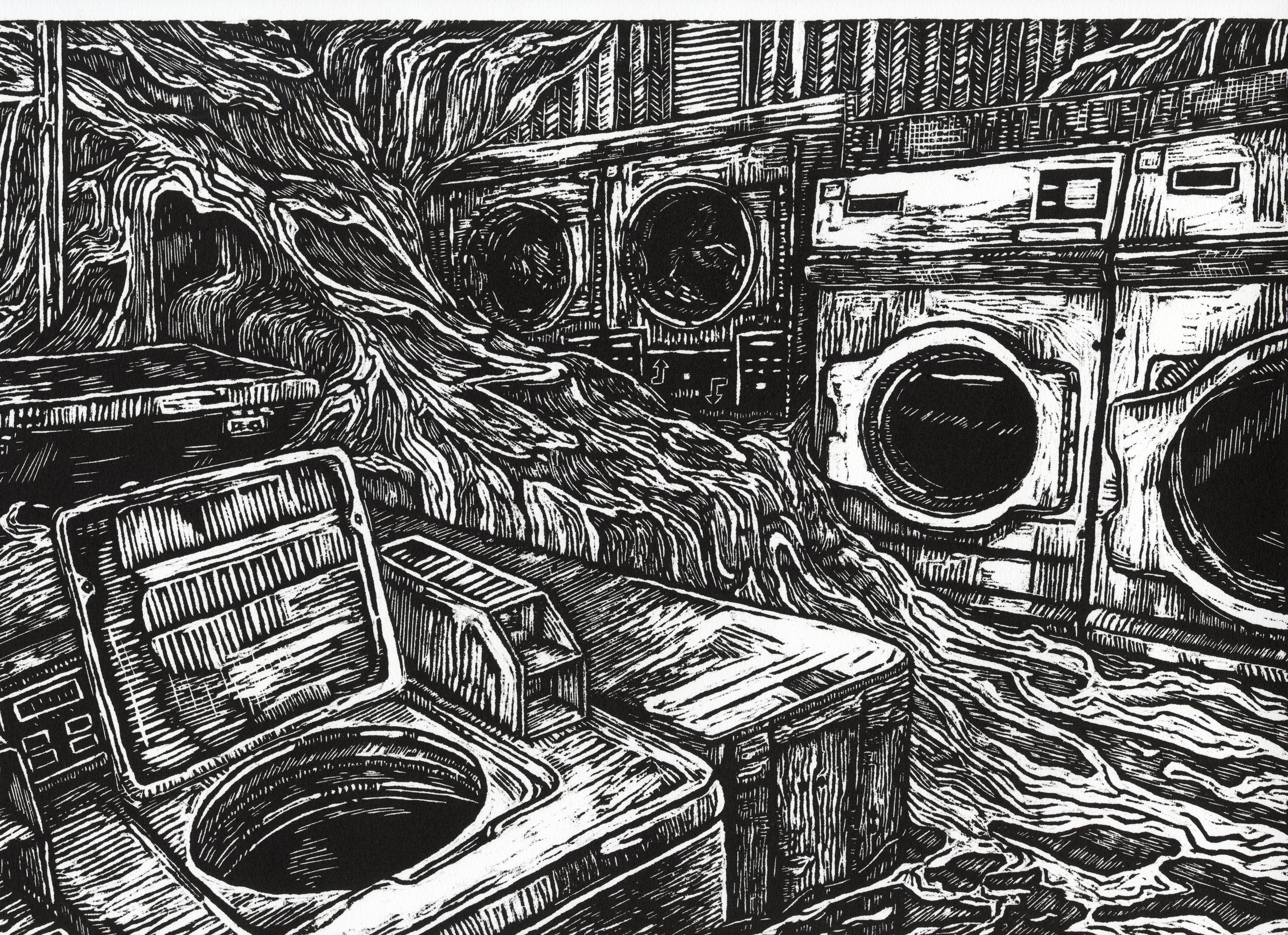 The Laundromat, Woodblock, 12x17, 2020
