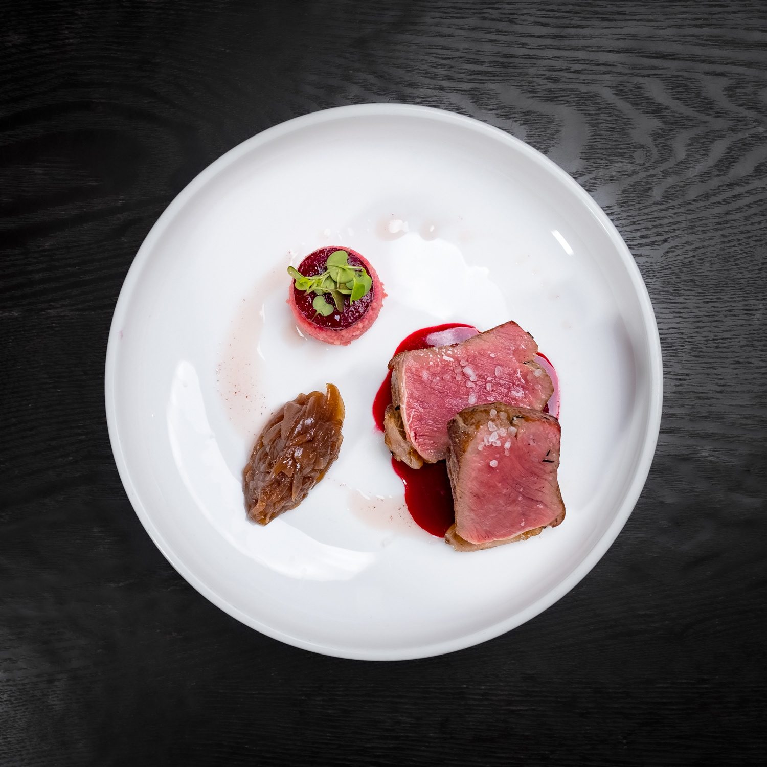 Grilled Beef Prime Sirloin 8oz Hibiscus Oil with Beetroot Couscous, Onion Jam