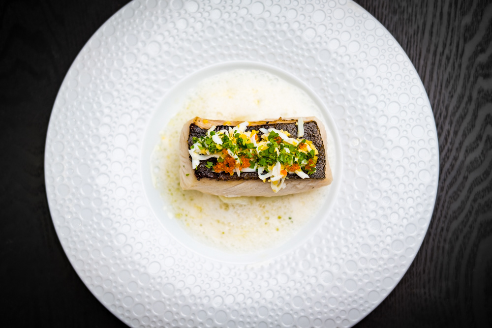 Codfish Fillet, Potato, Herbs, Nage Sauces