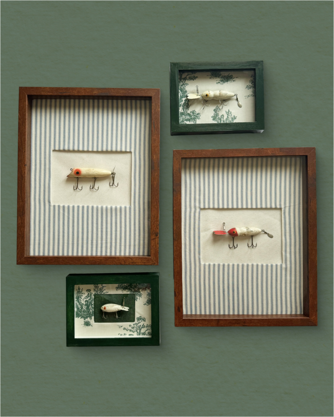 Vintage Lures, fabric, and frames I turned into wall art! 