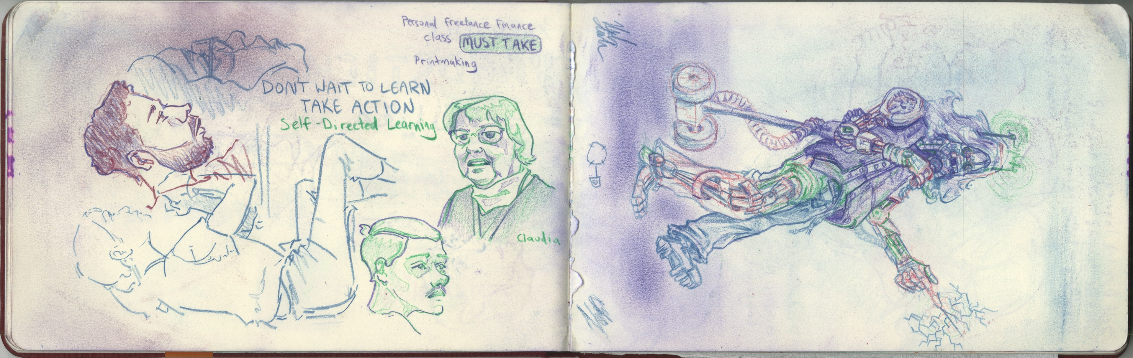 love the drawing of my visual studies professor Claudia. the right drawing was done at a Smashing Pumpkins concert. Blue, Nic, and myself all traded the sketchbook off and took turns adding to the drawing on the right page.