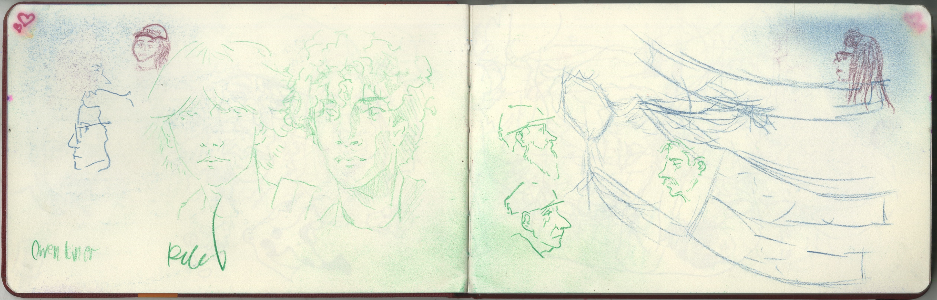 the two kids on the right we met on a train. we struck up some conversation and they told us that they had a bus they needed to catch or else they would have to walk 8 miles home. when we arrived at our final stop we saw them running to catch the bus. they had missed it so we gave them a ride home. we stopped by dairy queen to get some ice cream and i sketched them there.