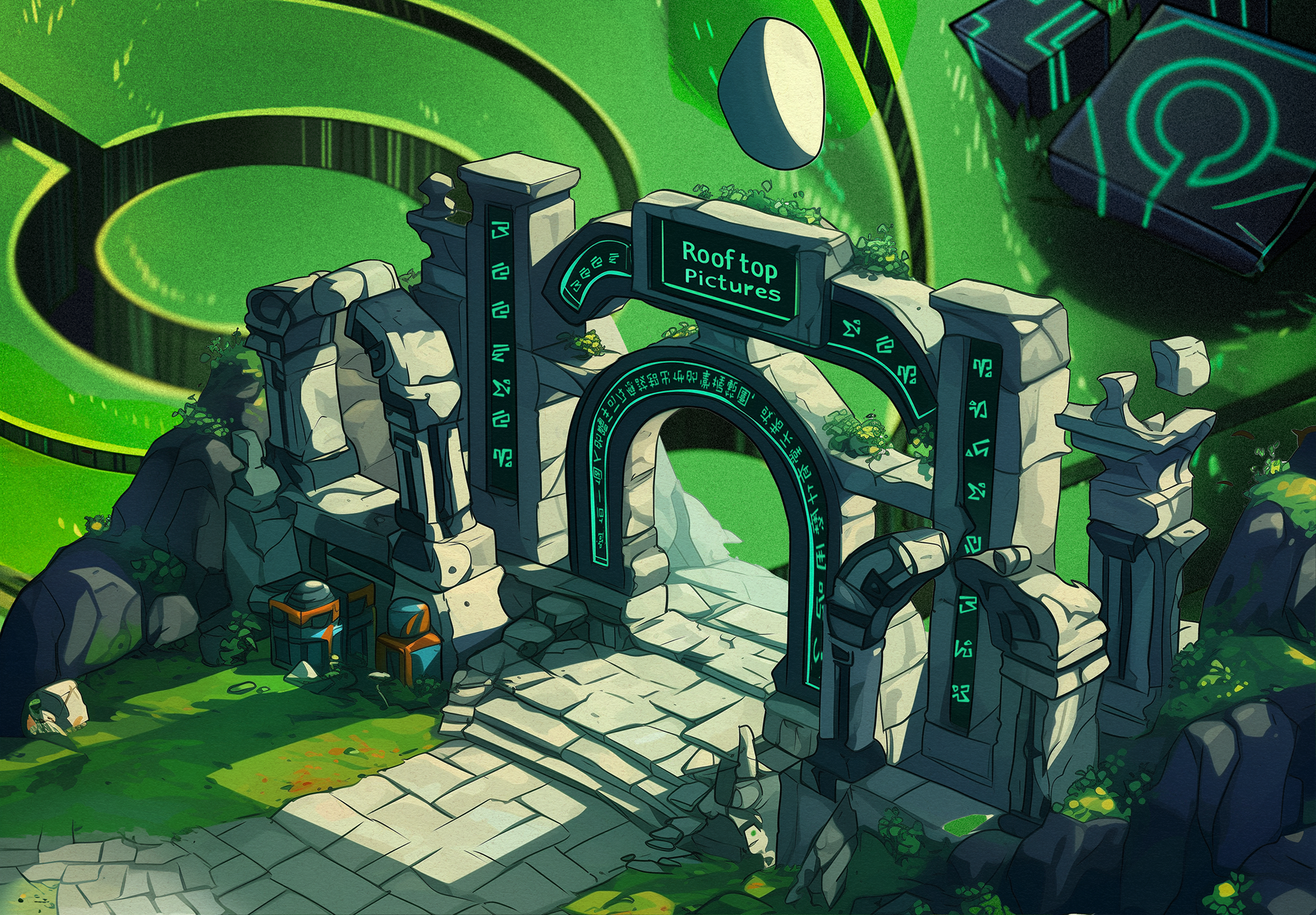 Isometric stone archway with a Rooftop Pictures sign in a green Otherside world