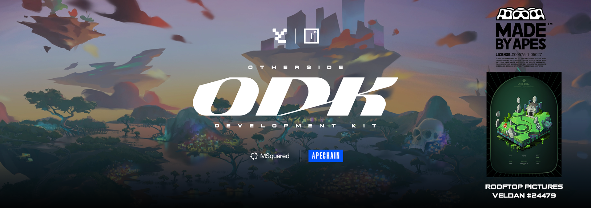 Otherside ODK Development Kit banner with a Rooftop Pictures Veldan Plot tile and a Made by Apes logo