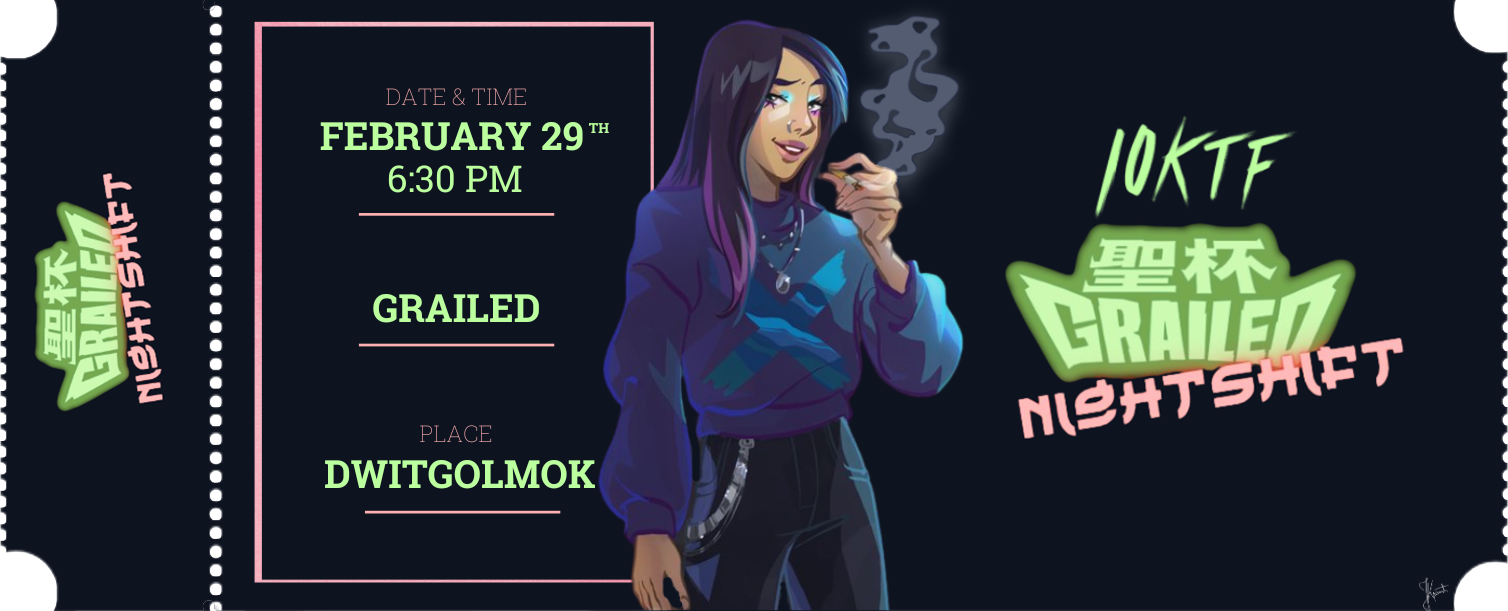 Ticket illustration for 10KTF Grailed Nightshift on February 29th at 6:30 PM with an illustrated woman smoking