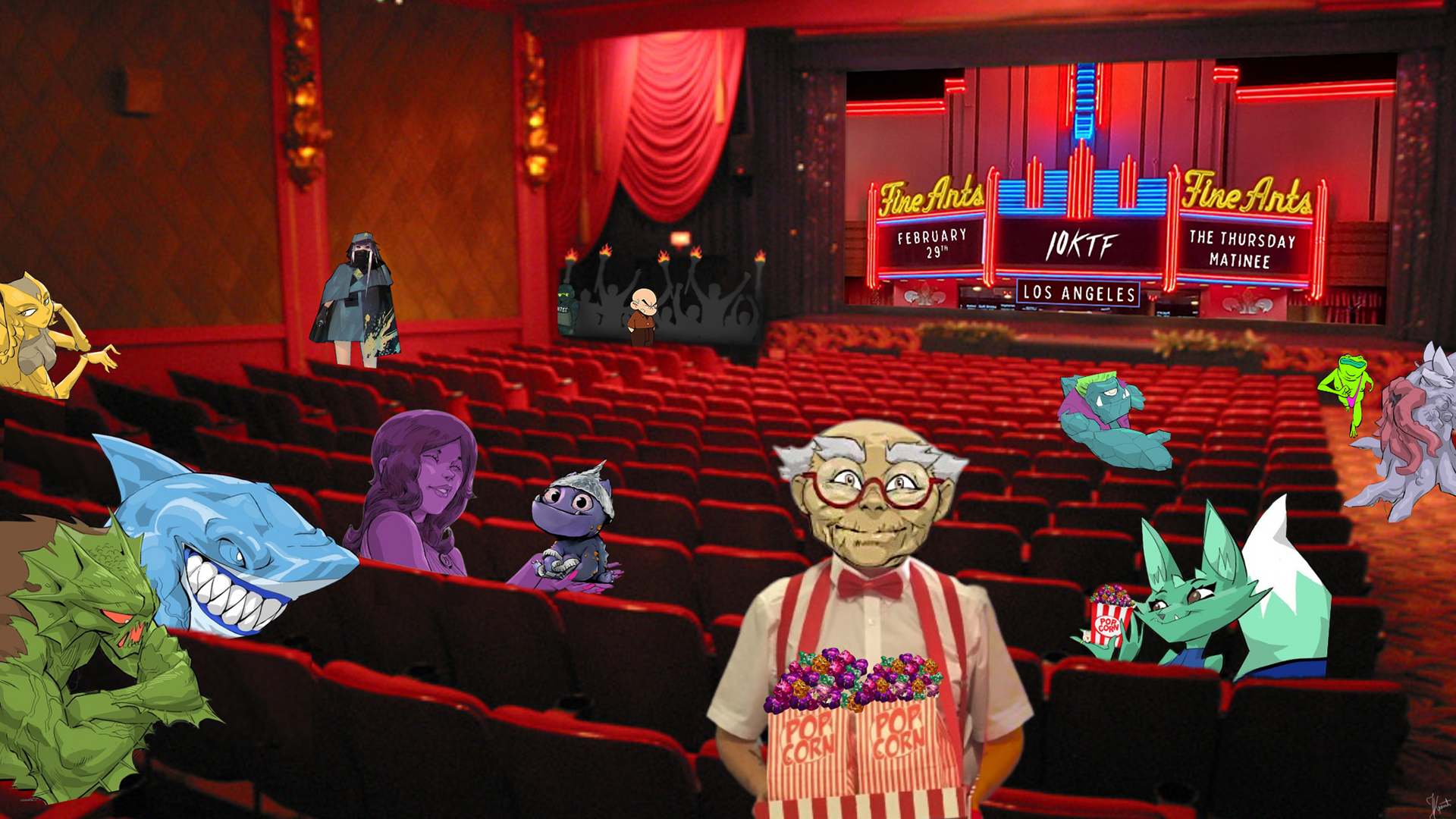 Fine Arts Theatre interior in Los Angeles with a 10KTF marquee on stage and cartoon characters in the seats