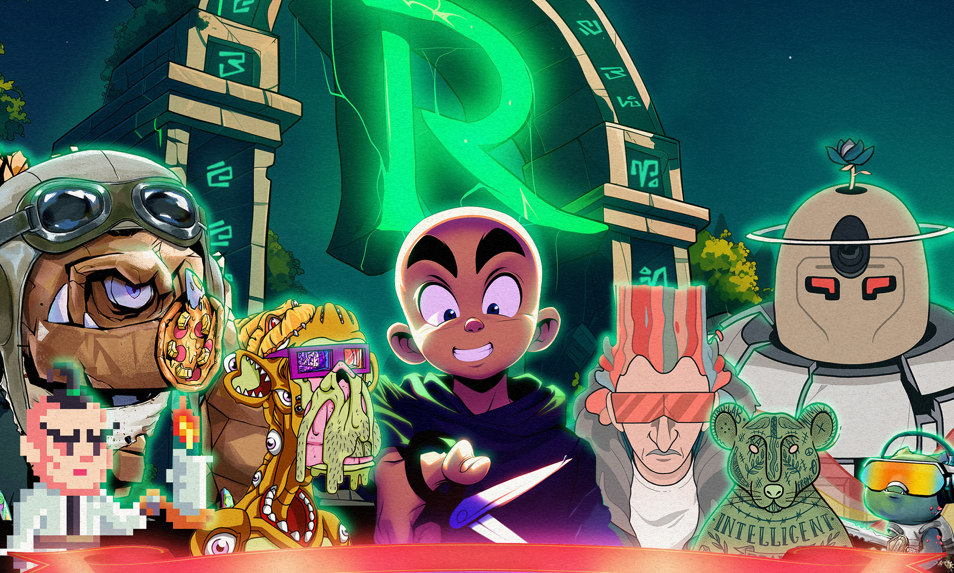 FUD Friday characters lined up in front of a glowing green R gate, including a pilot, a bald kid with red visor and a robot