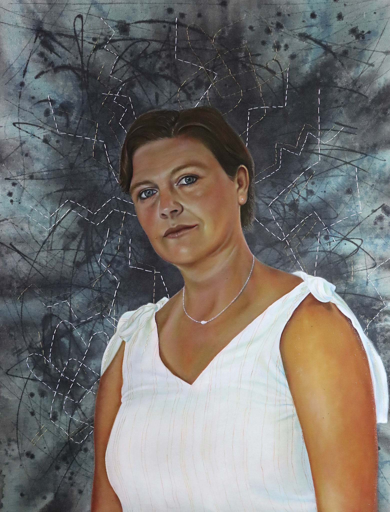 Taken. Found., Oil on linen with embroidery, 2021