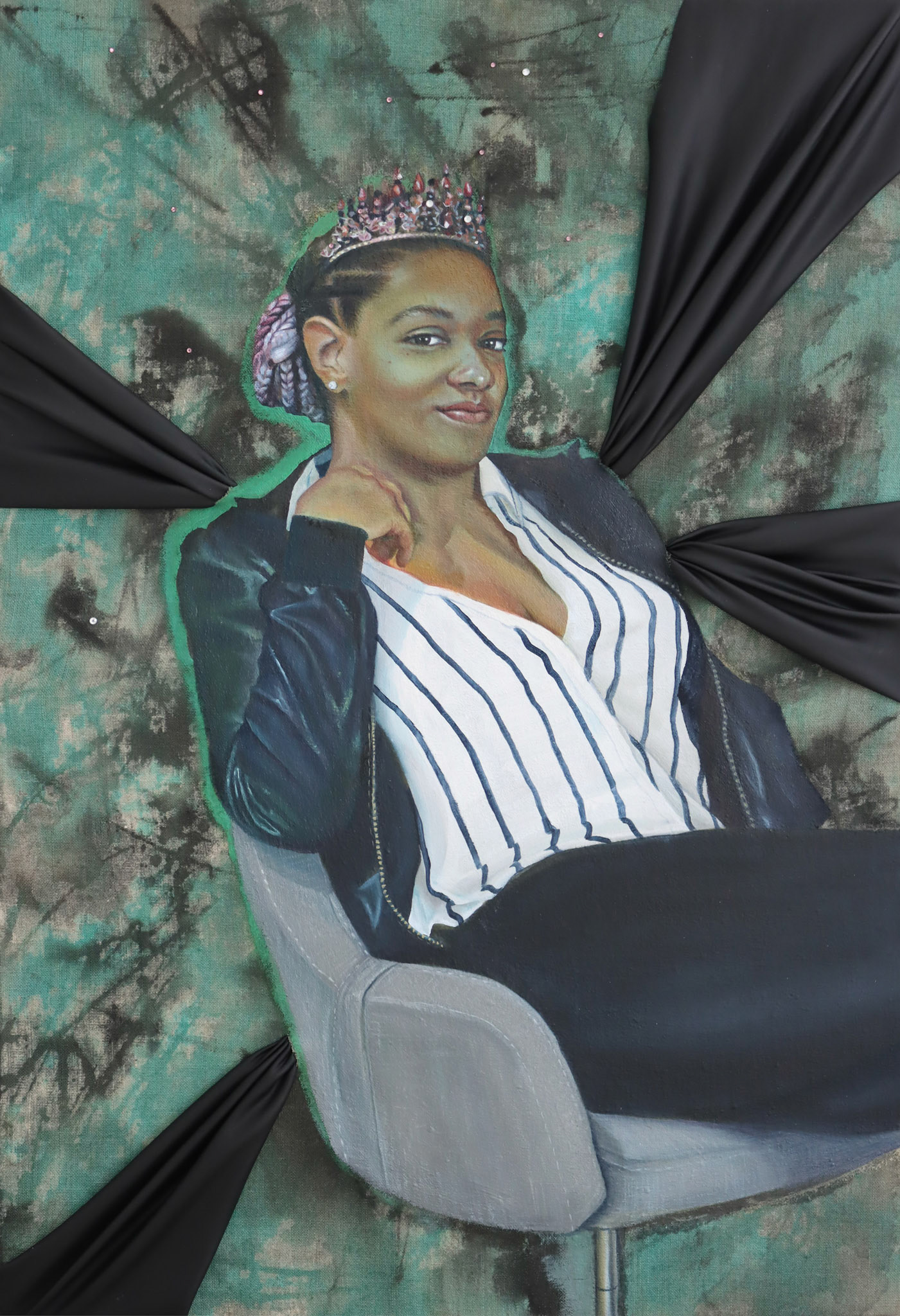 Queen Crystal, Oil on linen with pleather and rhinestones