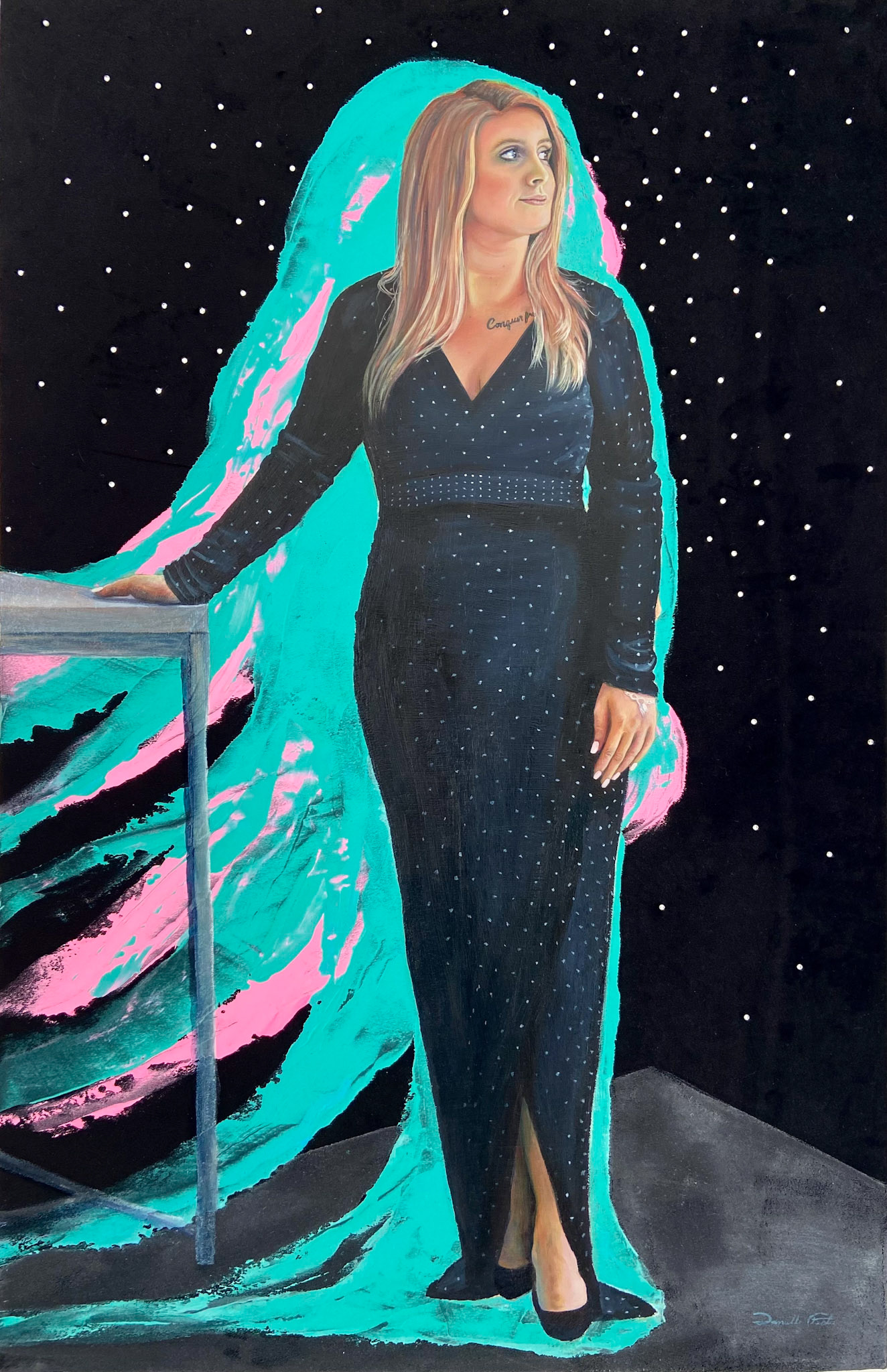 Conquer, Oil on velvet with rhinestones, 2022