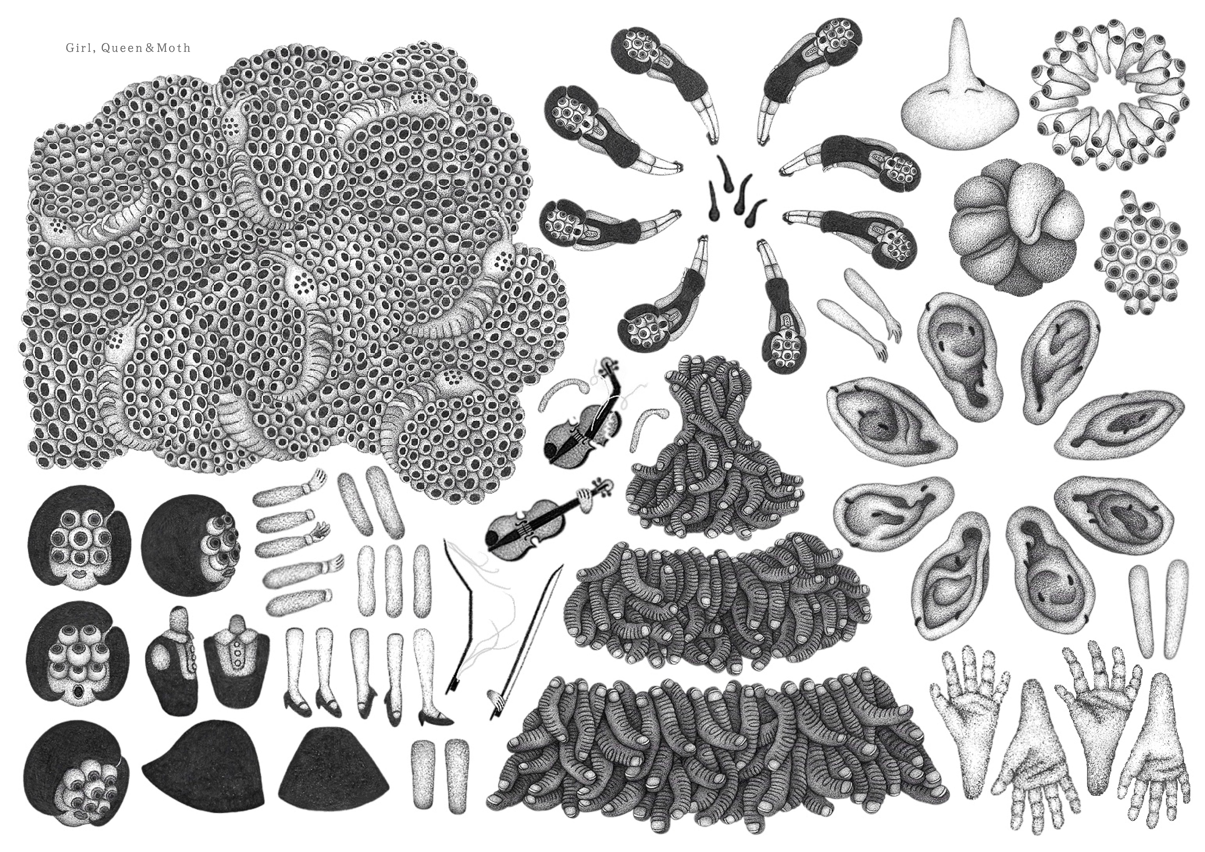 Pencil-Drawn Puppets (Girl, Queen, Moth)