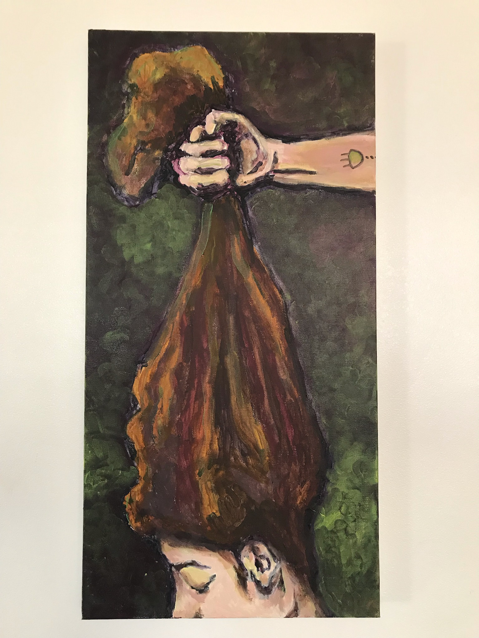 “By the Hair,” acrylic on canvas, 30” x 16”