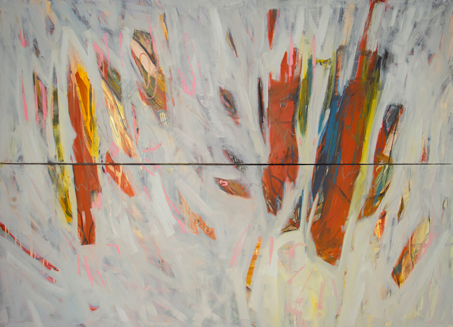 Pillars, Oil Pastel and Paint on 2 Canvas', 60in x 40in