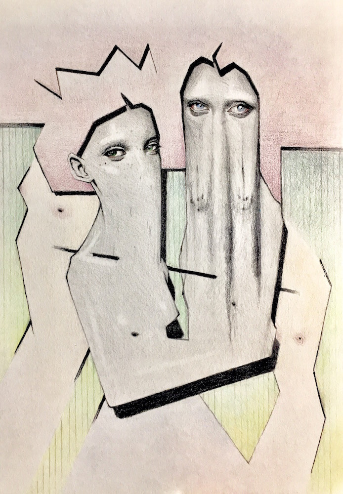 Secret Lovers, Graphite & Colored Pencil on Paper, 9in x 12in