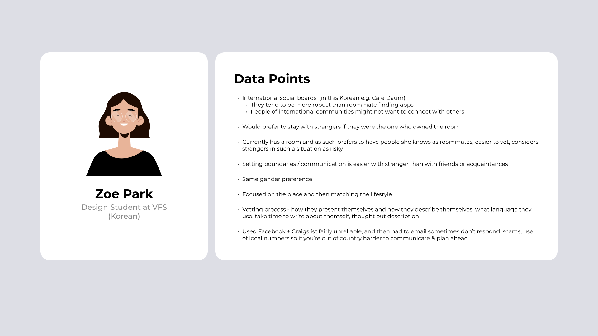 Data points of Zoe Park, 1 of 5 interviewees