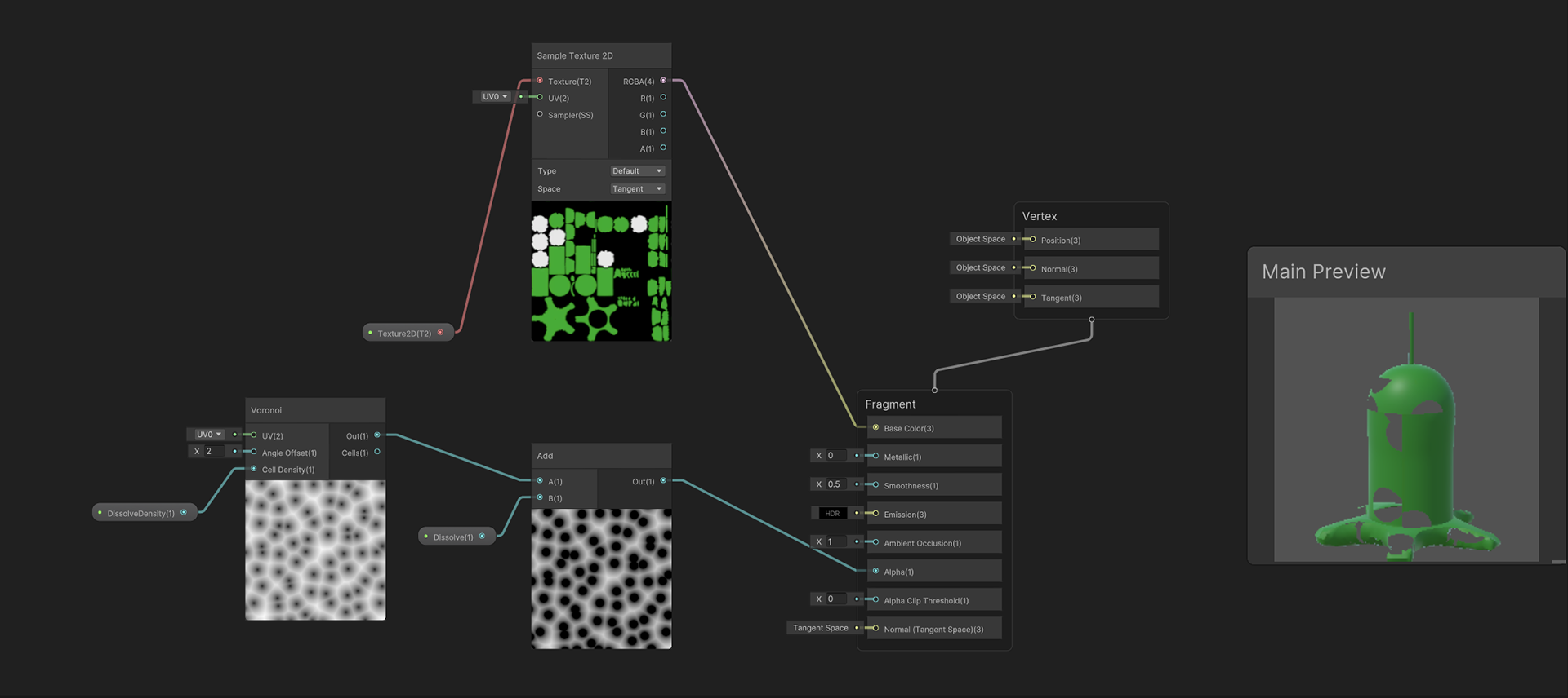 The Shader Graph for the Enemy Dissolve effect. With those one, I use a Voronoi Noise that is fed into the alpha value and animated on to give the alien the appearance of dissolving.