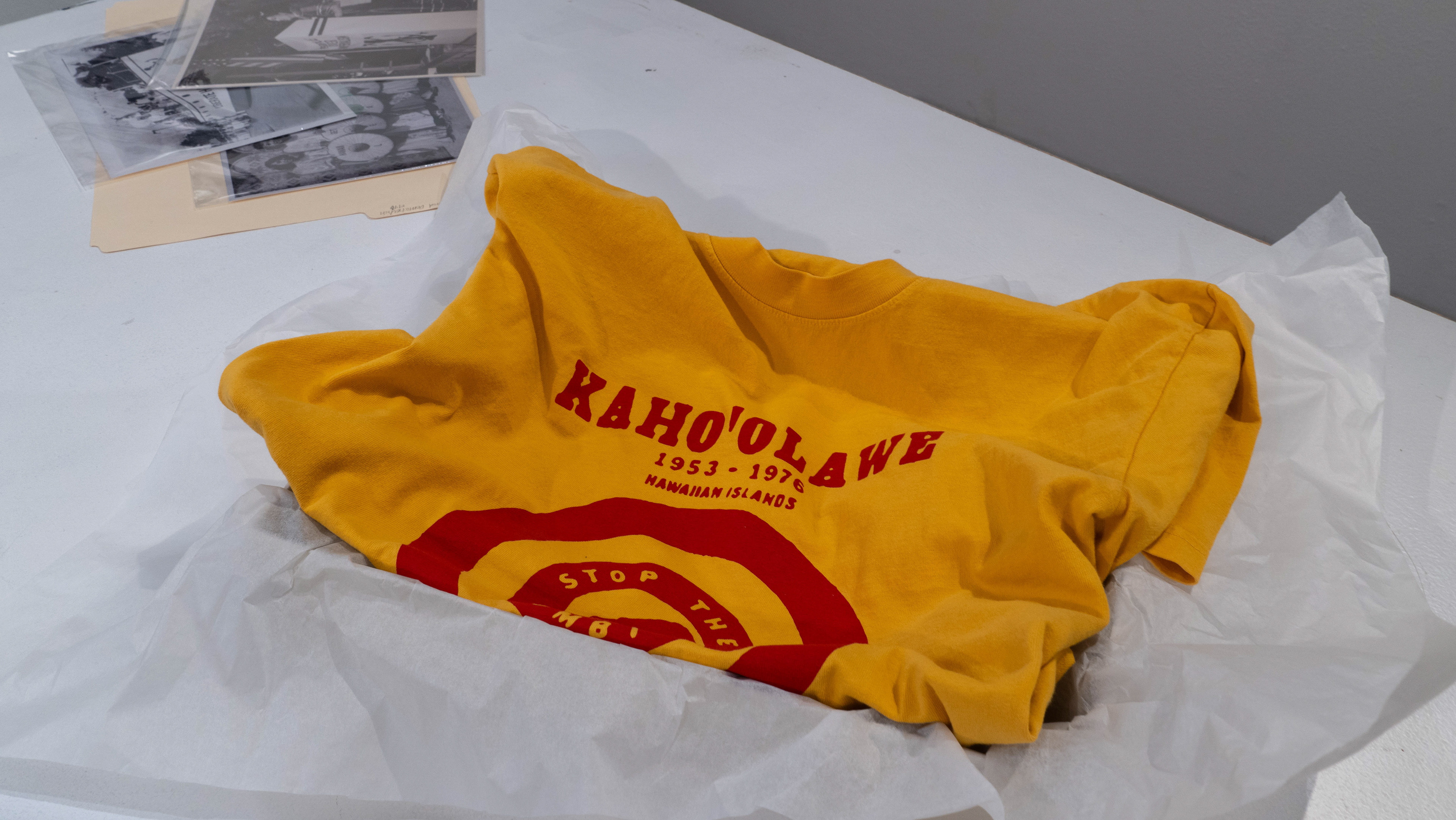 "Archival Densities: Kaho'olawe, Stop the Bombing" Screen print on cotton t-shirt. Thank you to Artist and Professor Jesus Barraza for screen printing support.