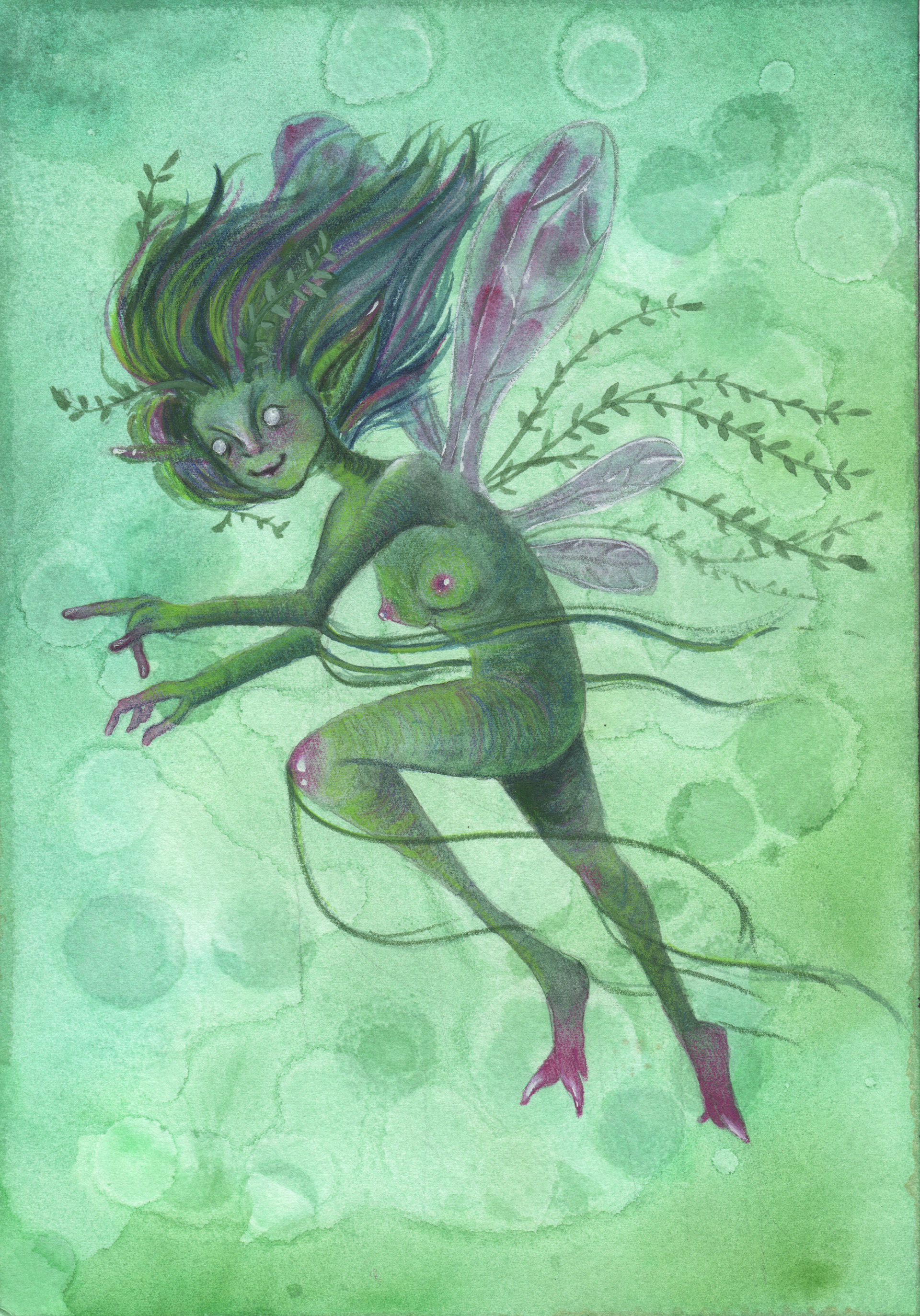 Study of a Sprite, 7" x 10", Watercolor, colored pencil, and gouache on watercolor paper