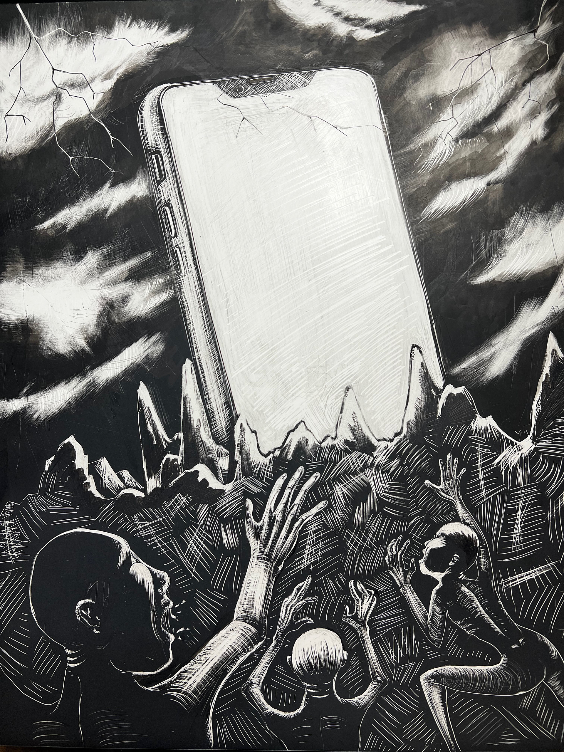 Smartphone Addiction, 9" x 12", Scratchboard and Ink