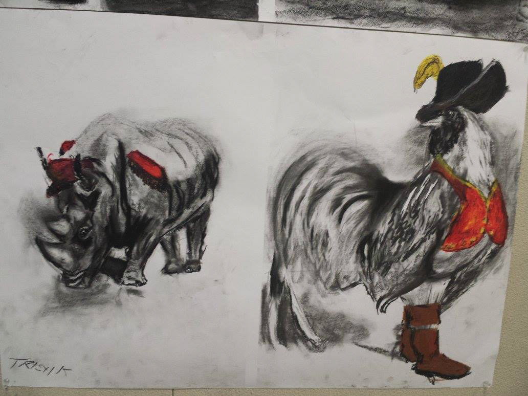 Drawing; Rhino & Rooster with fancy clothes