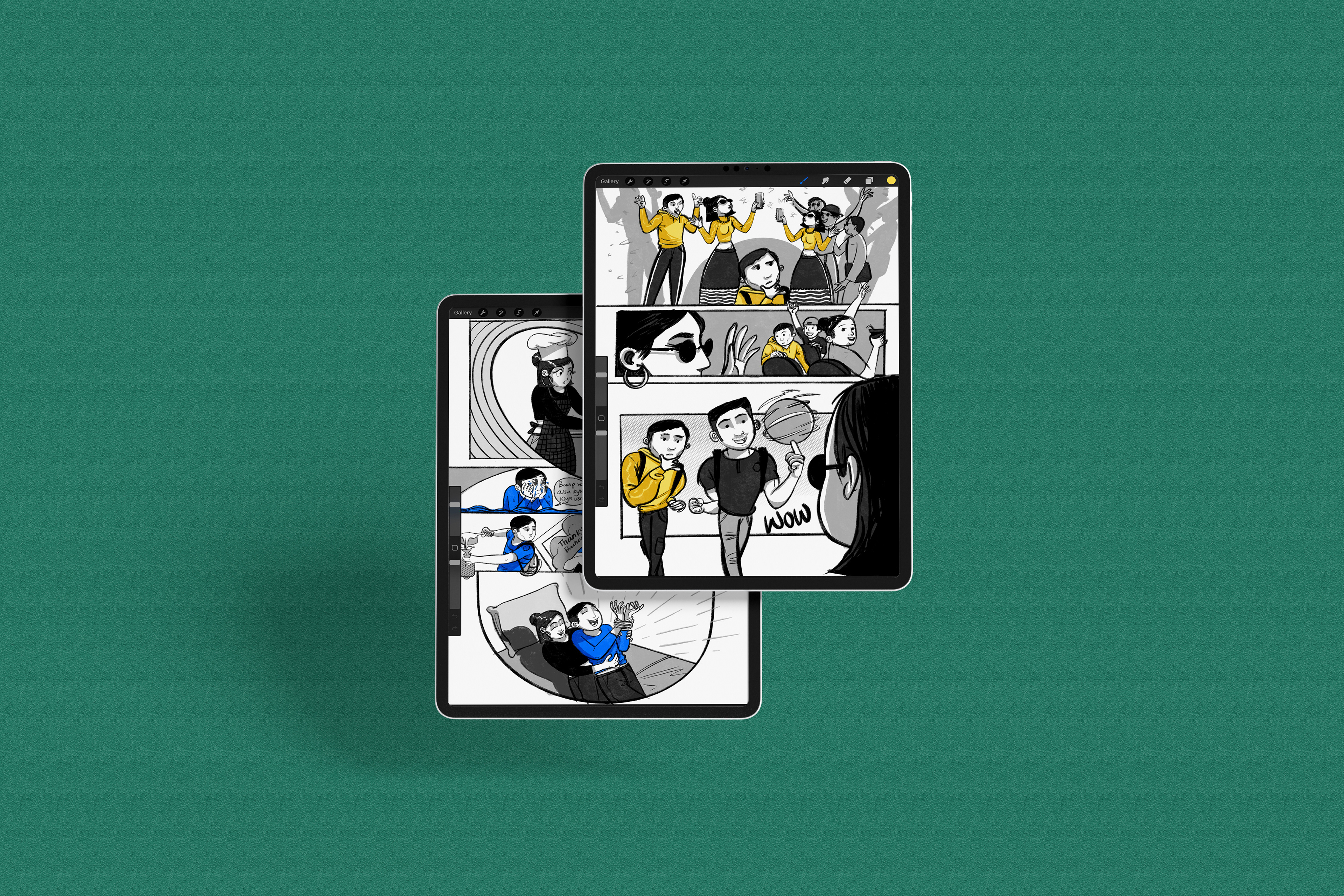 panels and frames, visual rhythm, illustrated pages, graphic layout, speech bubbles, comic transitions, visual pacing, emotion panels, color-coded scenes, sequential color story